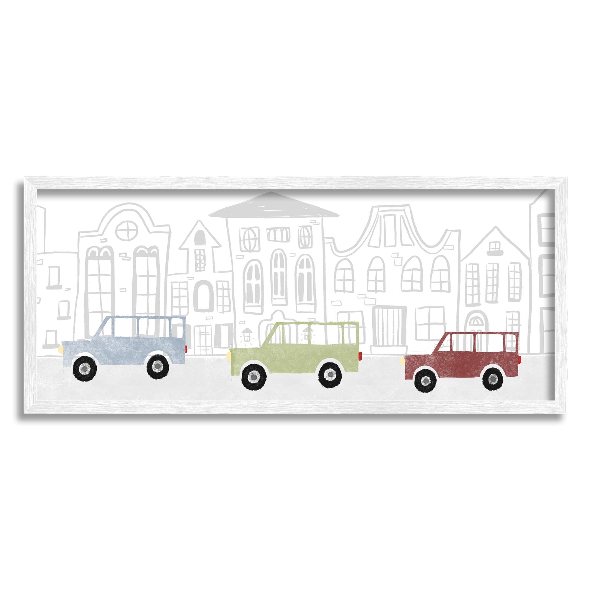 Stupell Industries Quaint City Neighborhood Cars Driving Along Road Illustration Framed Wall Art, 30 x 13, Design by Daphne Polselli