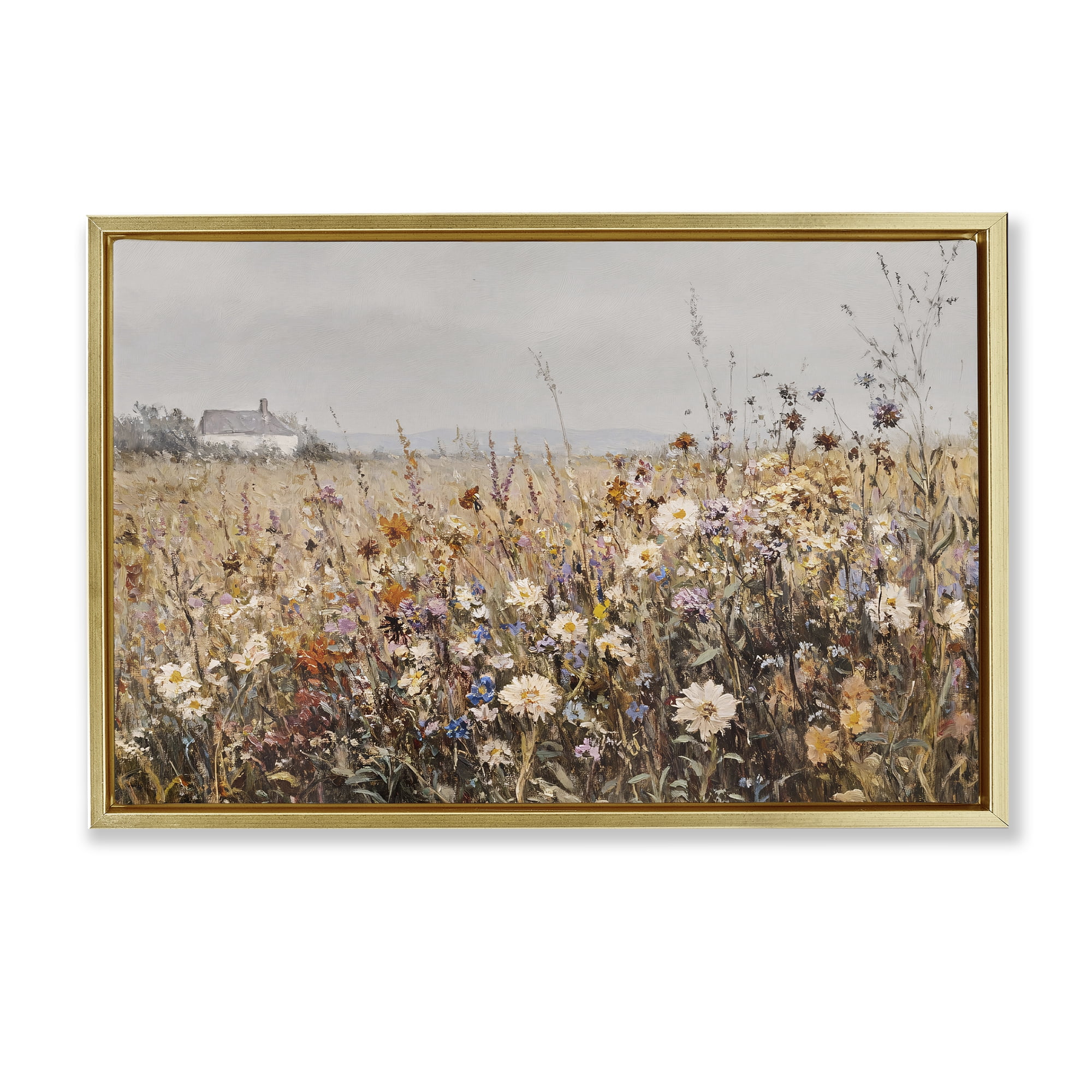 Stupell Industries Quaint Cottage Meadow Gold Framed Floater Canvas Wall Art, design by Jacky Ngan