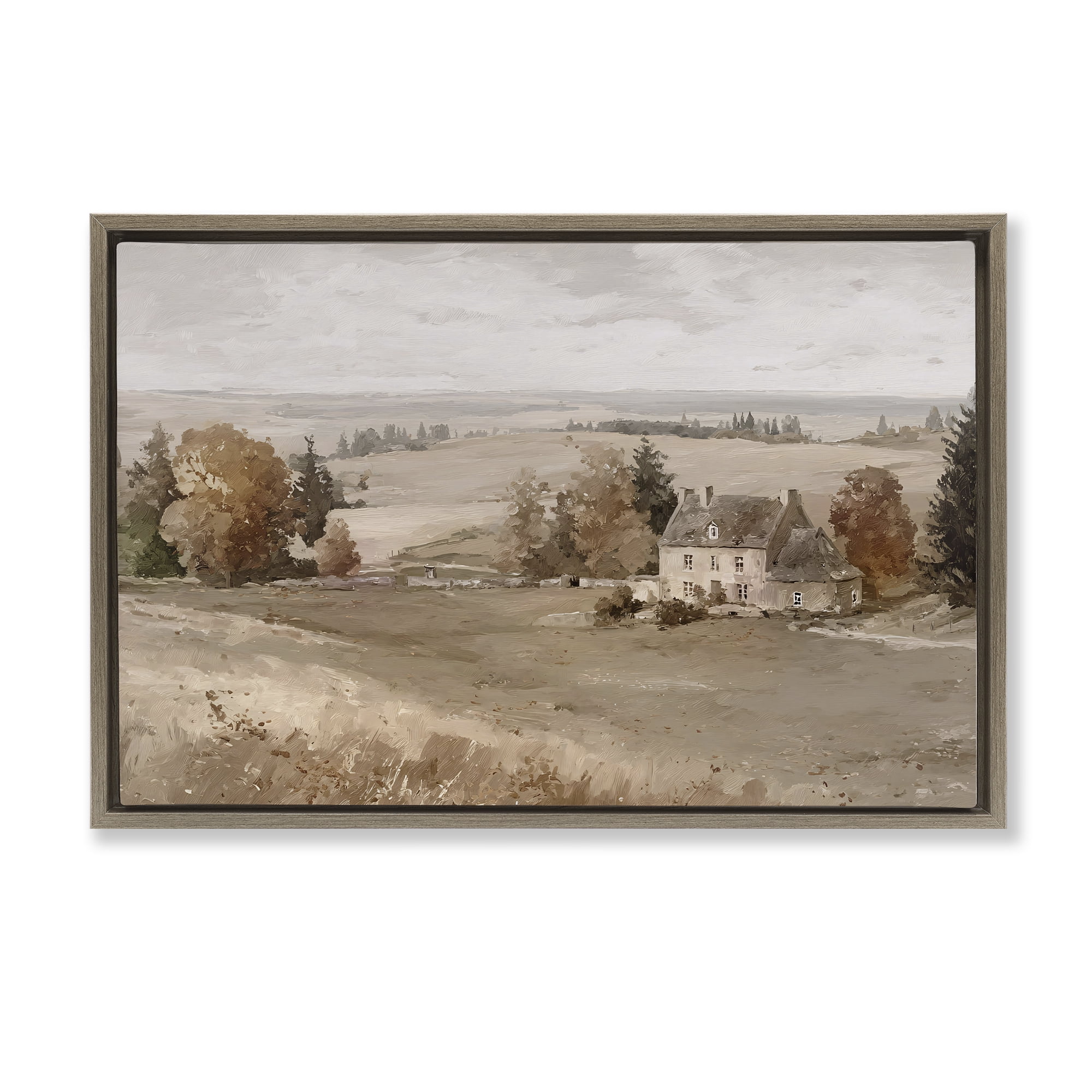 Stupell Industries Quaint Cottage in Countryside Brown Framed Floater Canvas Wall Art, design by Jacky Ngan