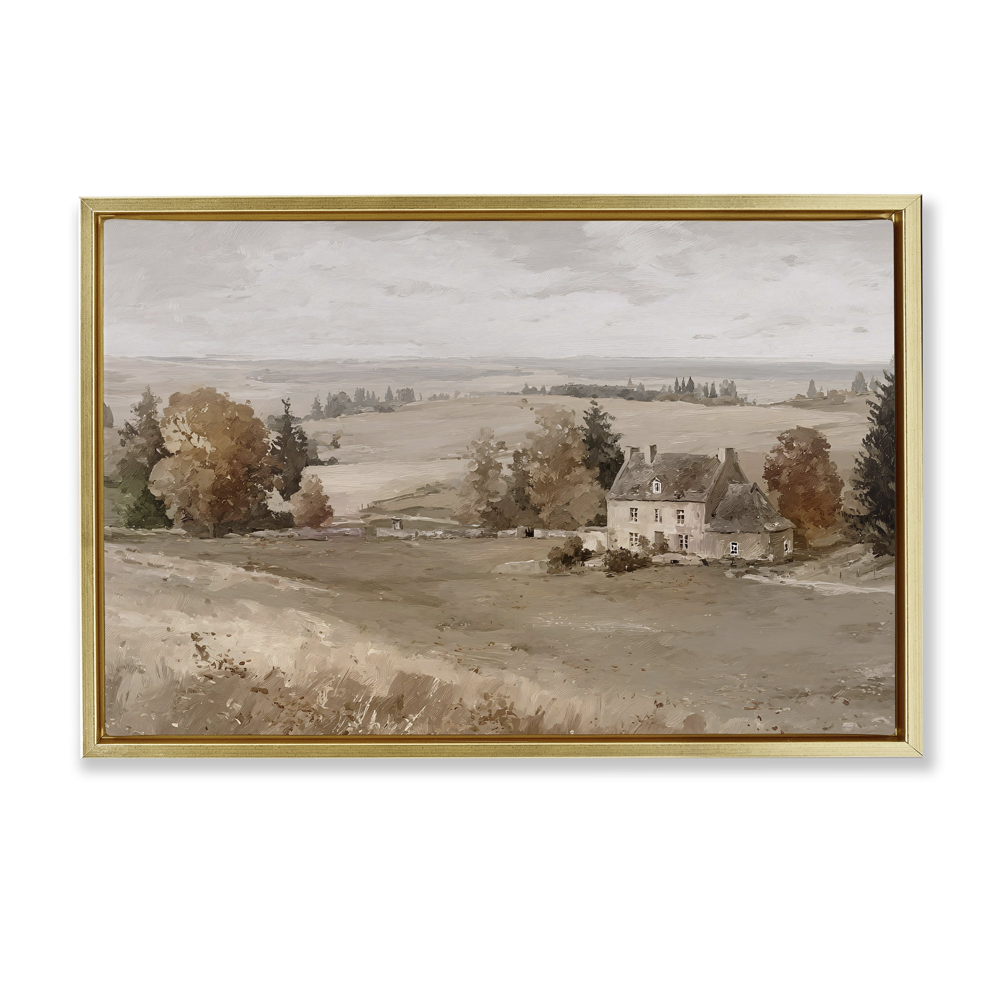 Stupell Industries Quaint Cottage in Countryside Gold Framed Floater Canvas Wall Art, design by Jacky Ngan