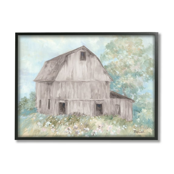 Stupell Industries Quaint Country Barn Rural Flower Field Meadow Painting Black Framed Art Print Wall Art, Design by Debi Coules
