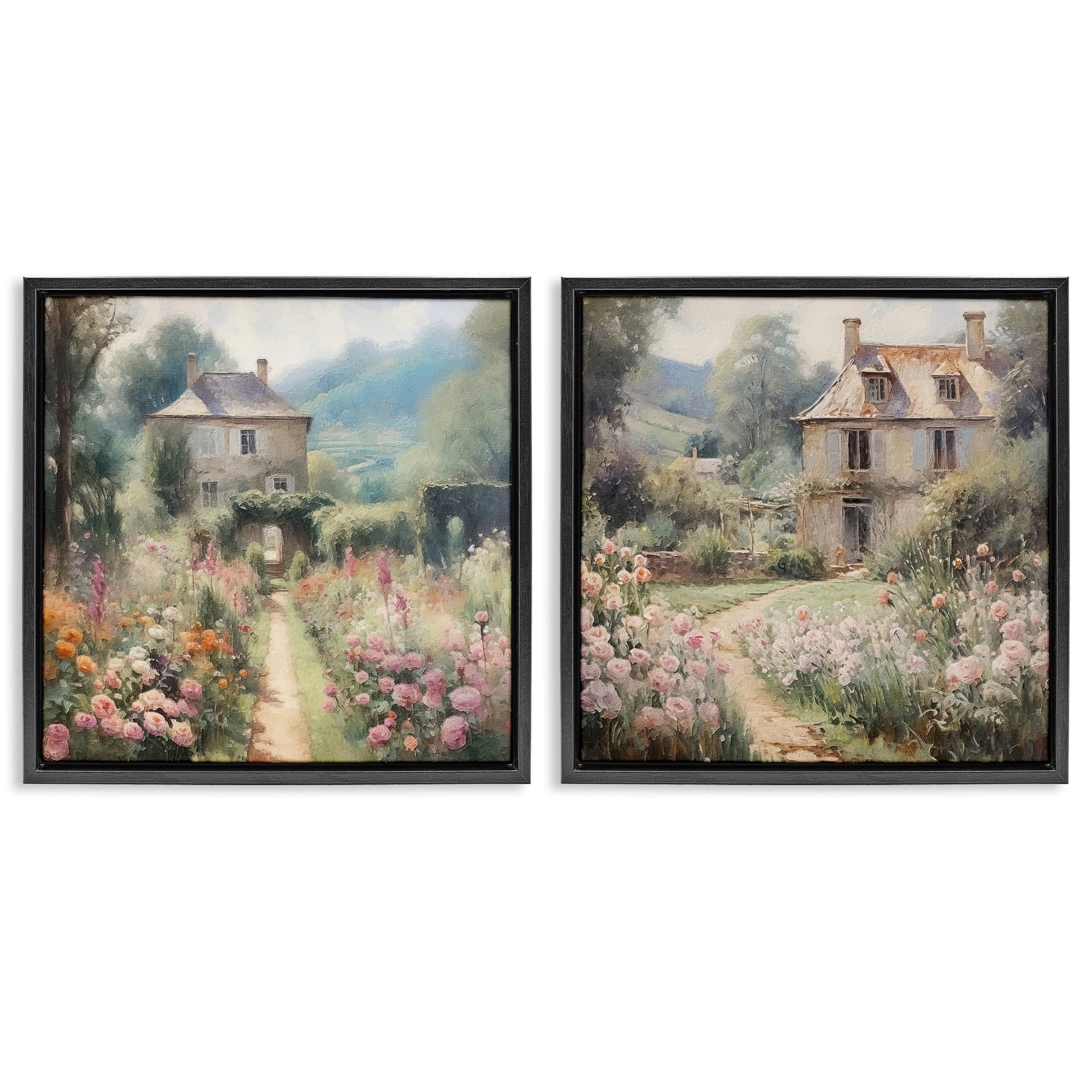 Stupell Industries Quaint French Country Garden Landscape & Nature Painting Black Floater Framed Canvas Art Print Wall Art, 18 x 18, Set of 2