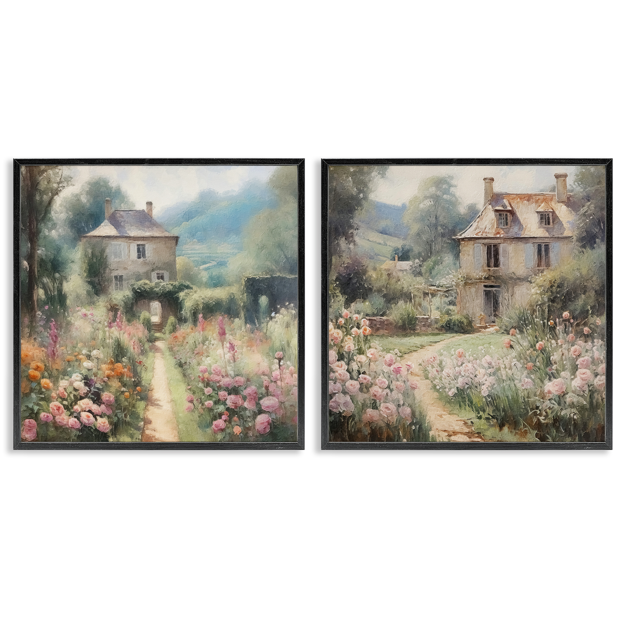 Stupell Industries Quaint French Country Garden Landscape & Nature Painting Black Framed Art Print Wall Art, 12 x 12, Set of 2