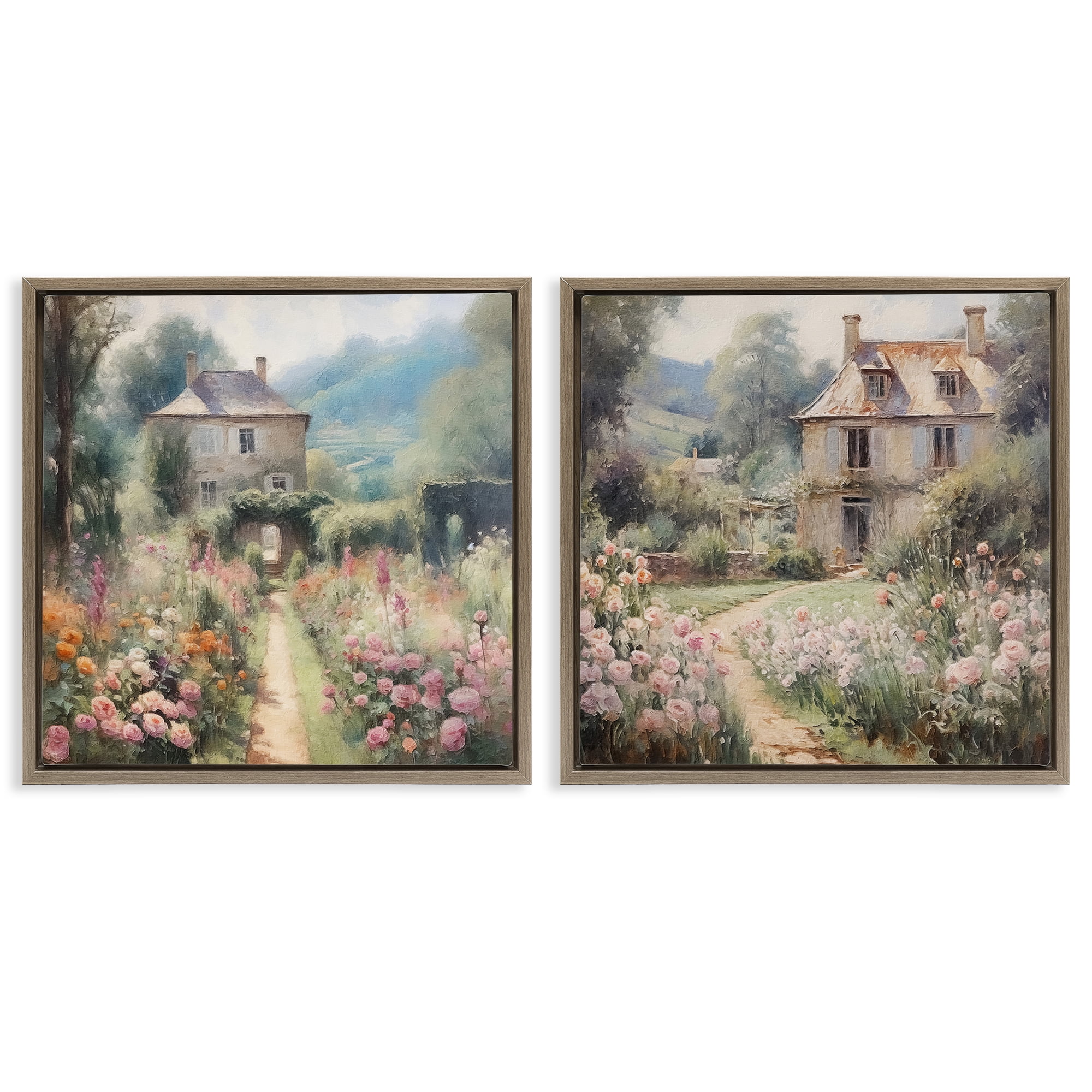 Stupell Industries Quaint French Country Garden Landscape & Nature Painting Brown Floater Framed Canvas Art Print Wall Art, 25 x 25, Set of 2