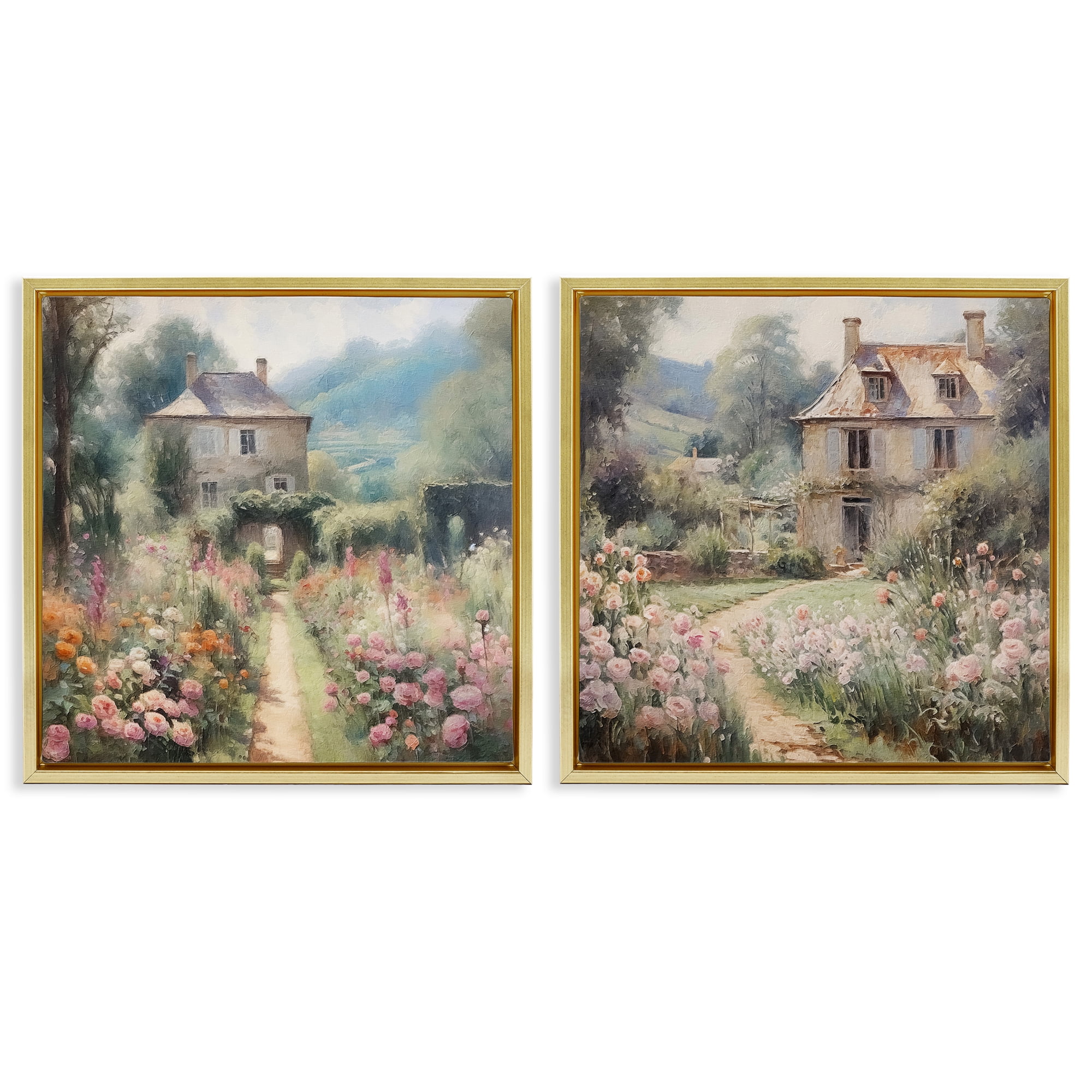 Stupell Industries Quaint French Country Garden Landscape & Nature Painting Gold Floater Framed Canvas Art Print Wall Art, 25 x 25, Set of 2