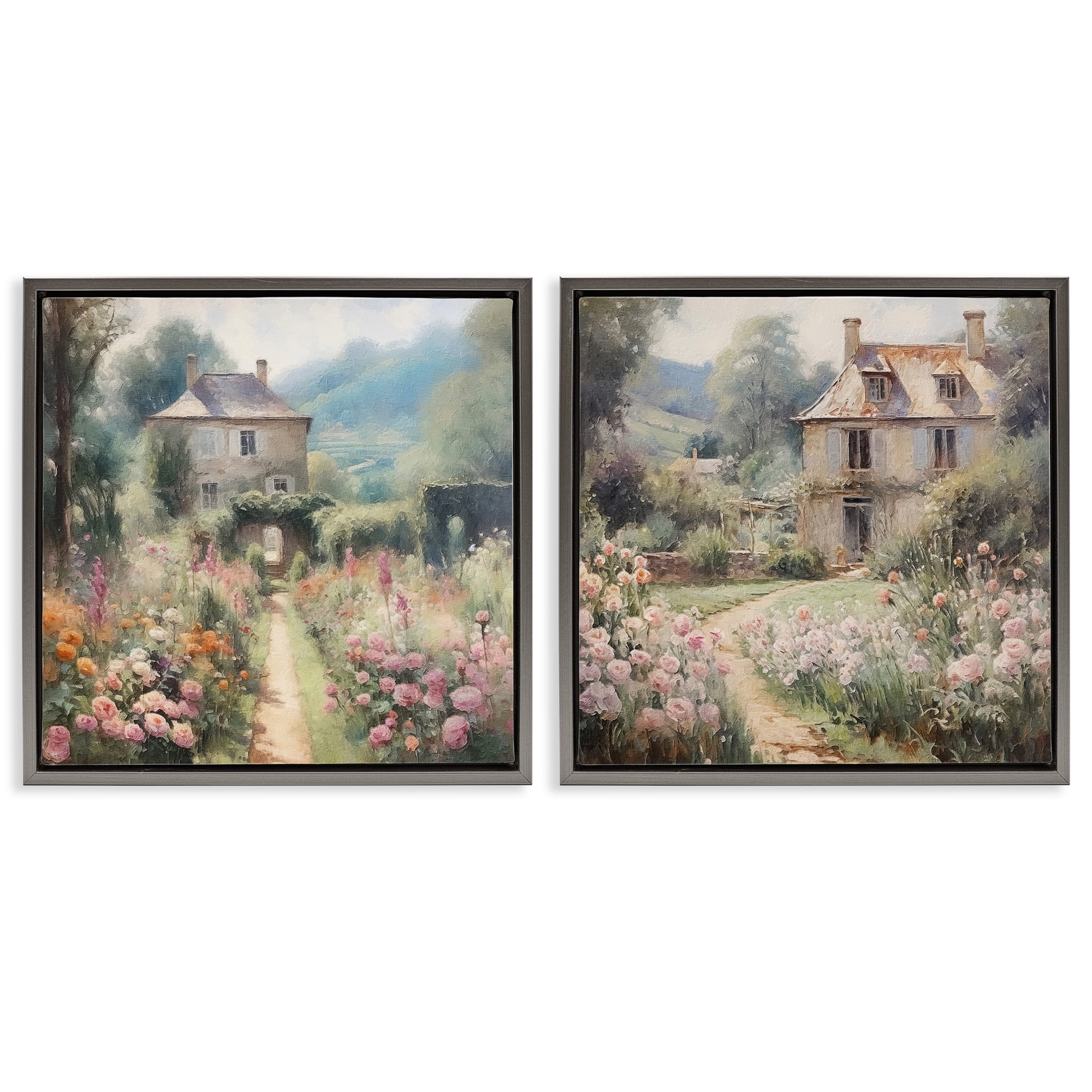 Stupell Industries Quaint French Country Garden Landscape & Nature Painting Gray Floater Framed Canvas Art Print Wall Art, 18 x 18, Set of 2