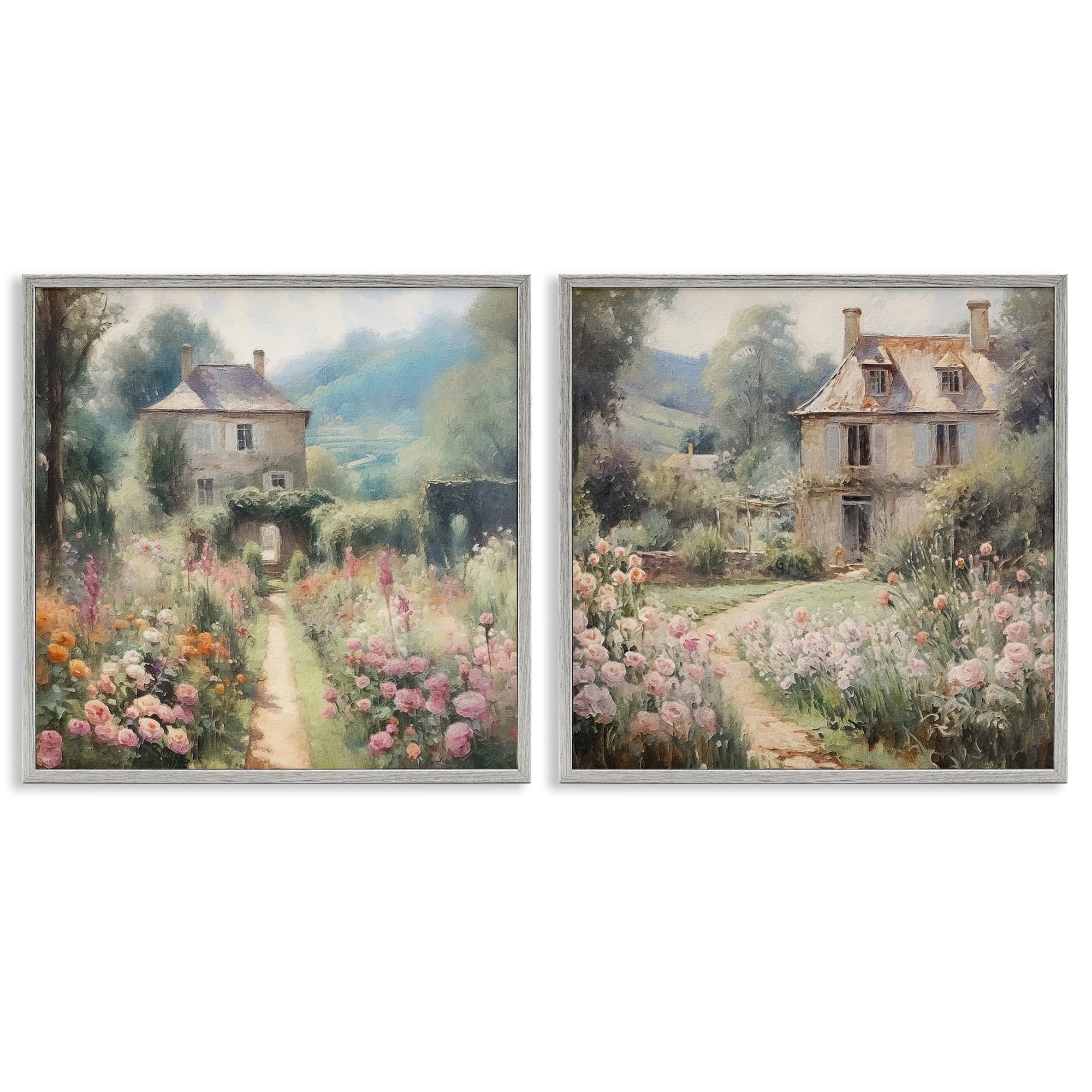 Stupell Industries Quaint French Country Garden Landscape & Nature Painting Gray Framed Art Print Wall Art, 17 x 17, Set of 2