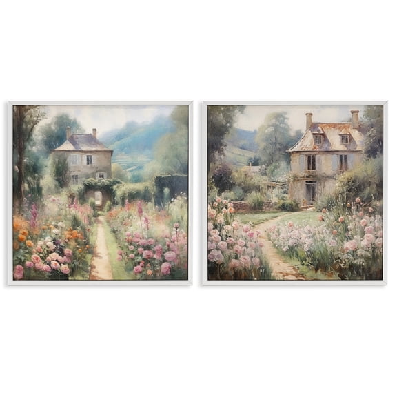 Stupell Industries Quaint French Country Garden Landscape & Nature Painting White Framed Art Print Wall Art, 17 x 17, Set of 2