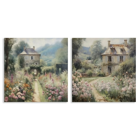 Stupell Industries Quaint French Country Garden Landscape & Nature Painting Wrapped Canvas Art Print Wall Art, 17 x 17, Set of 2