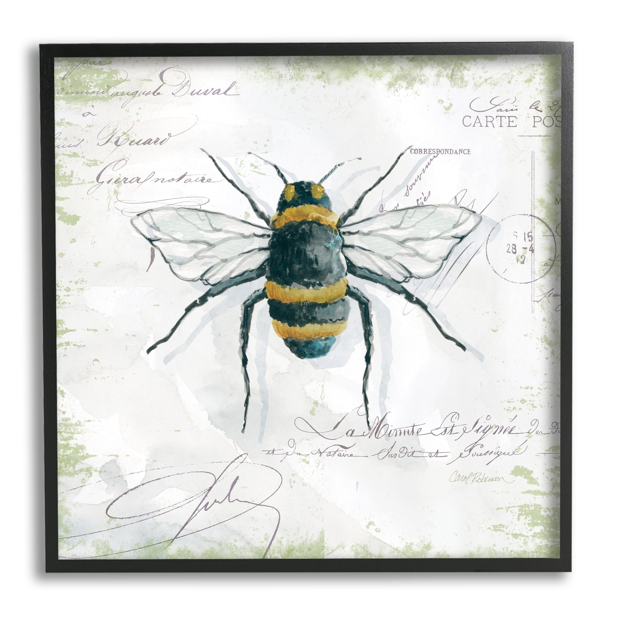 Stupell Industries Quaint Honey Bee Insect over Vintage Postal Card Animals & Insects Painting Black Framed Art Print Wall Art, 12 x 12