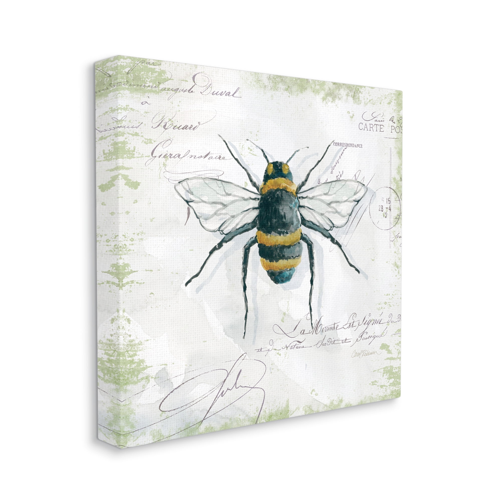 Stupell Industries Quaint Honey Bee Insect over Vintage Postal Card Animals & Insects Painting Gallery Wrapped Canvas Print Wall Art, 24 x 24