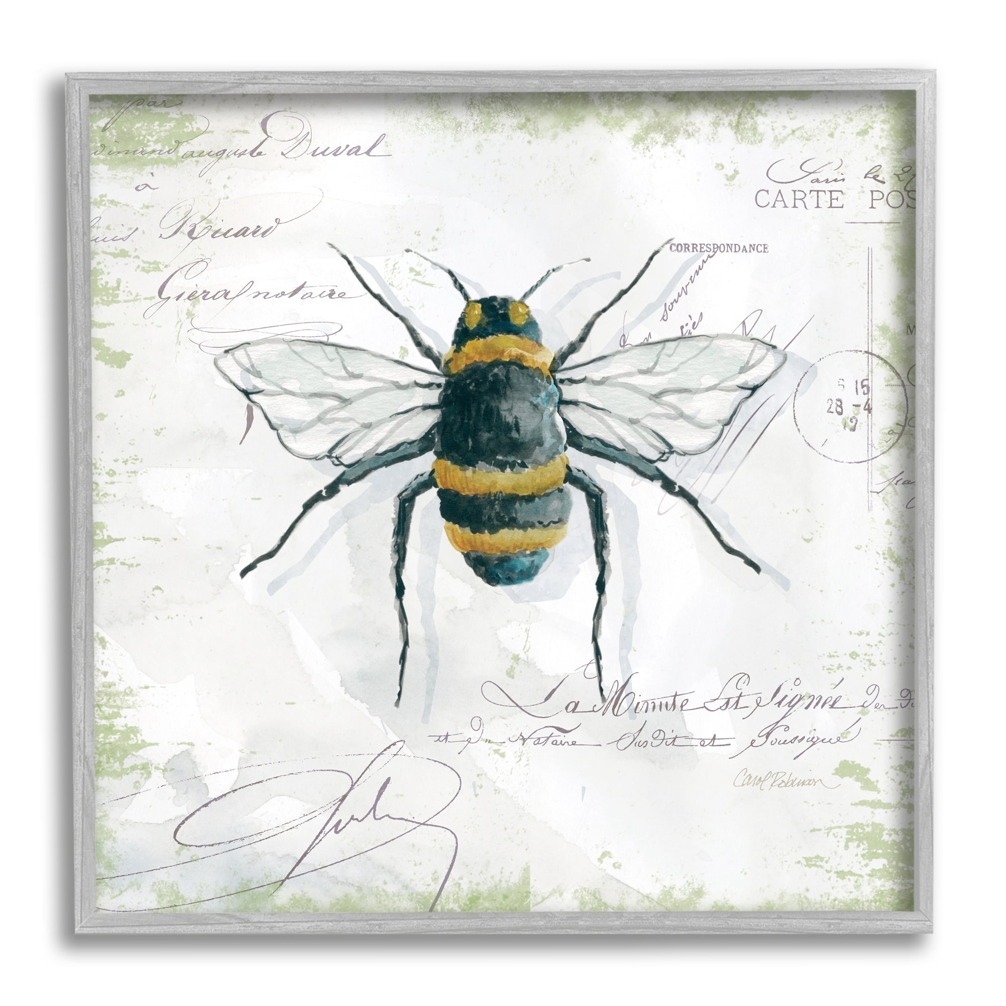 Stupell Industries Quaint Honey Bee Insect over Vintage Postal Card Animals & Insects Painting Gray Framed Art Print Wall Art, 24 x 24