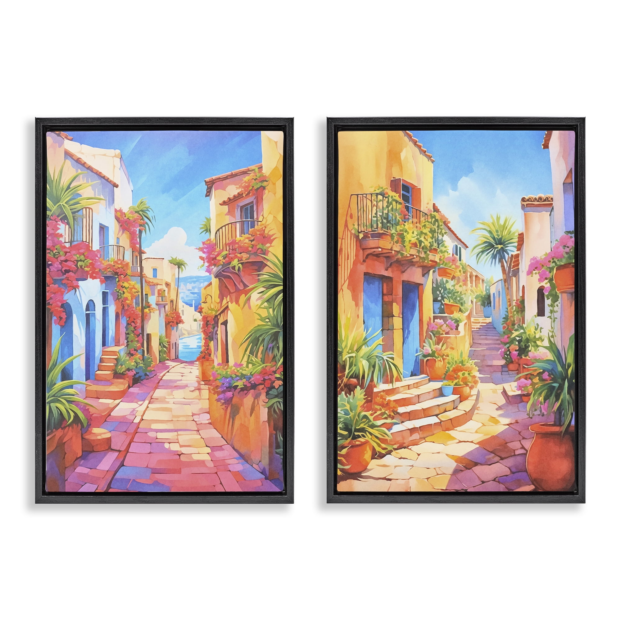 Stupell Industries Quaint Mediterranean Village Buildings & Architecture Painting Black Floater Framed Canvas Art Print Wall Art, 21 x 31, Set of 2