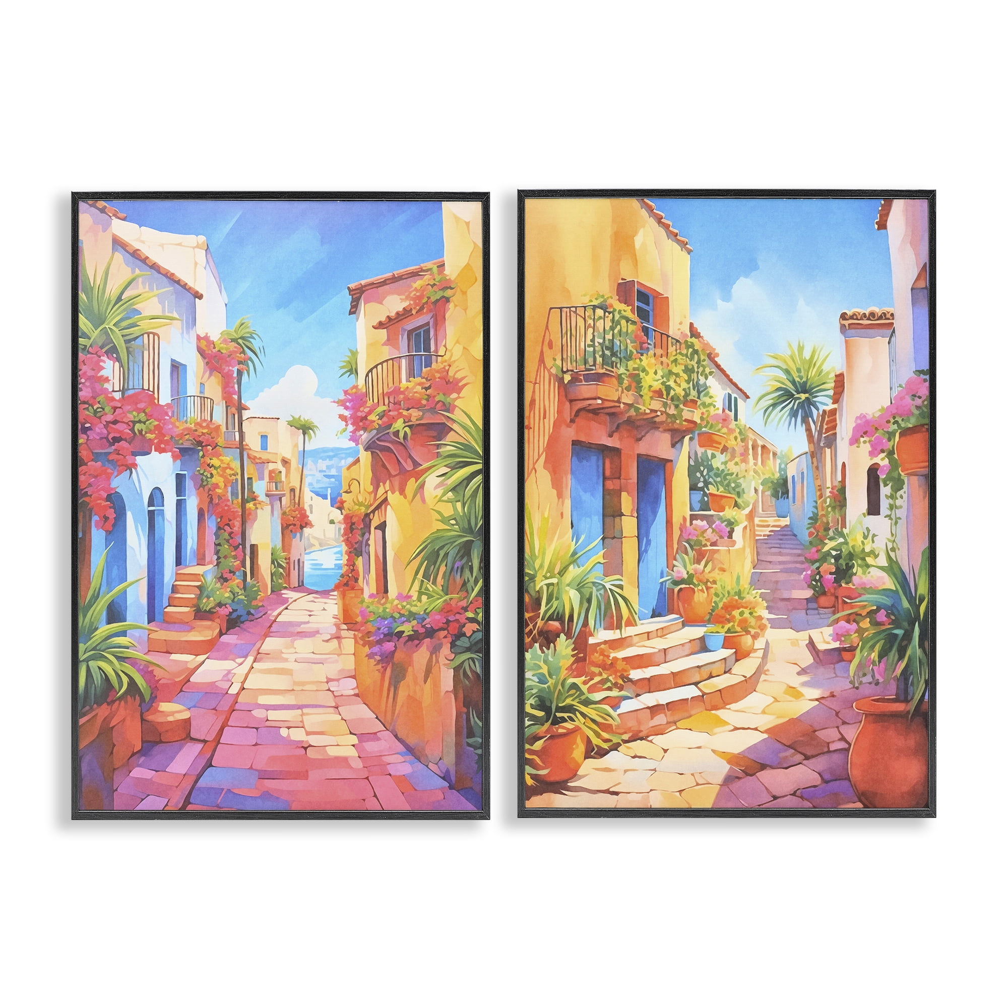 Stupell Industries Quaint Mediterranean Village Buildings & Architecture Painting Black Framed Art Print Wall Art, 20 x 30, Set of 2