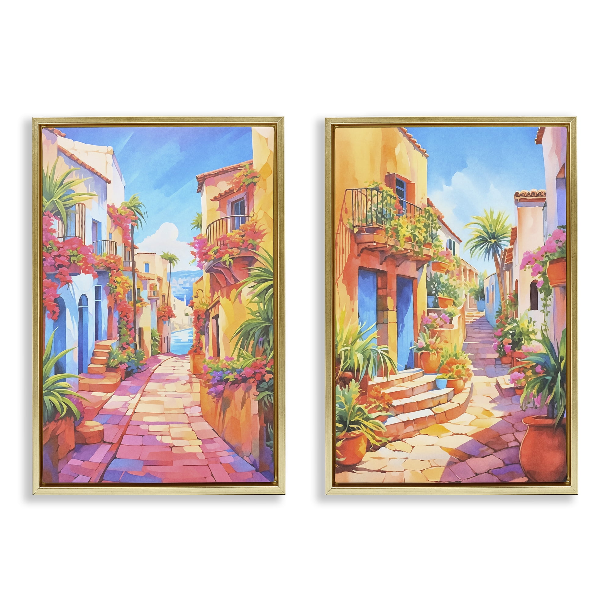 Stupell Industries Quaint Mediterranean Village Buildings & Architecture Painting Gold Floater Framed Canvas Art Print Wall Art, 17 x 25, Set of 2