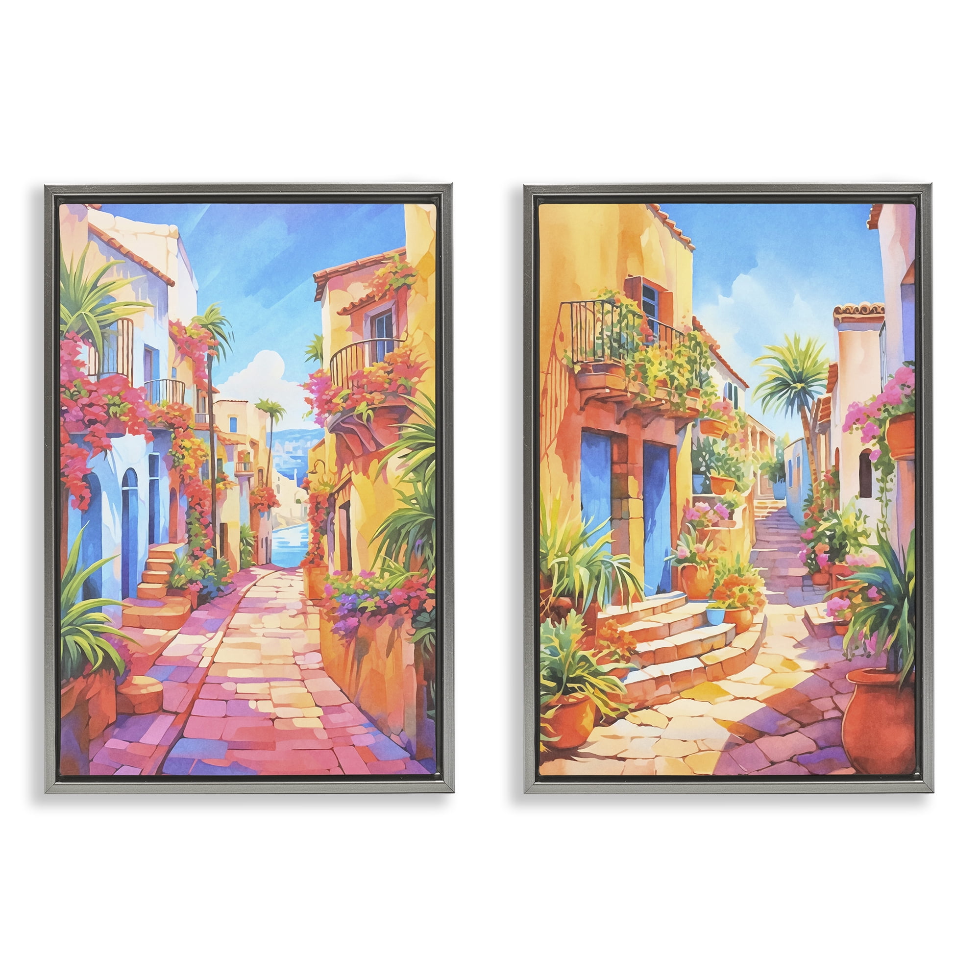 Stupell Industries Quaint Mediterranean Village Buildings & Architecture Painting Gray Floater Framed Canvas Art Print Wall Art, 17 x 25, Set of 2