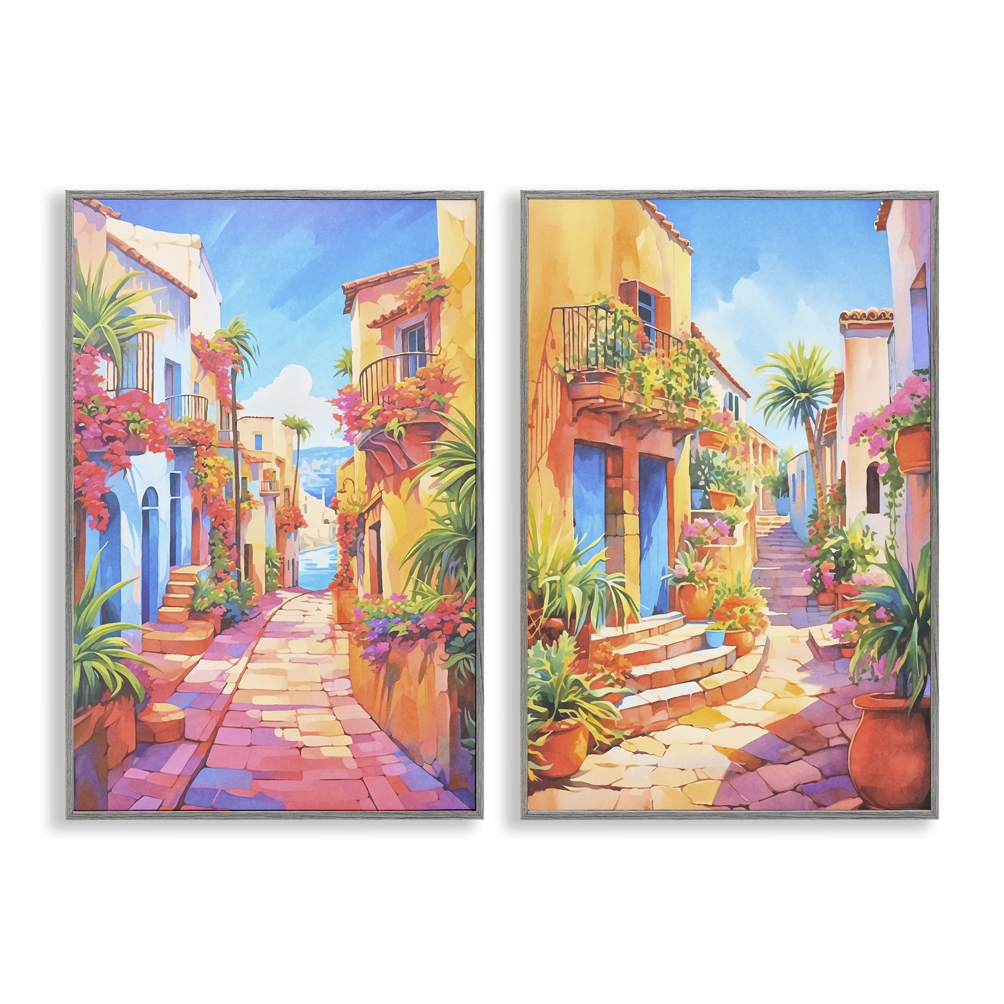 Stupell Industries Quaint Mediterranean Village Buildings & Architecture Painting Gray Framed Art Print Wall Art, 20 x 30, Set of 2