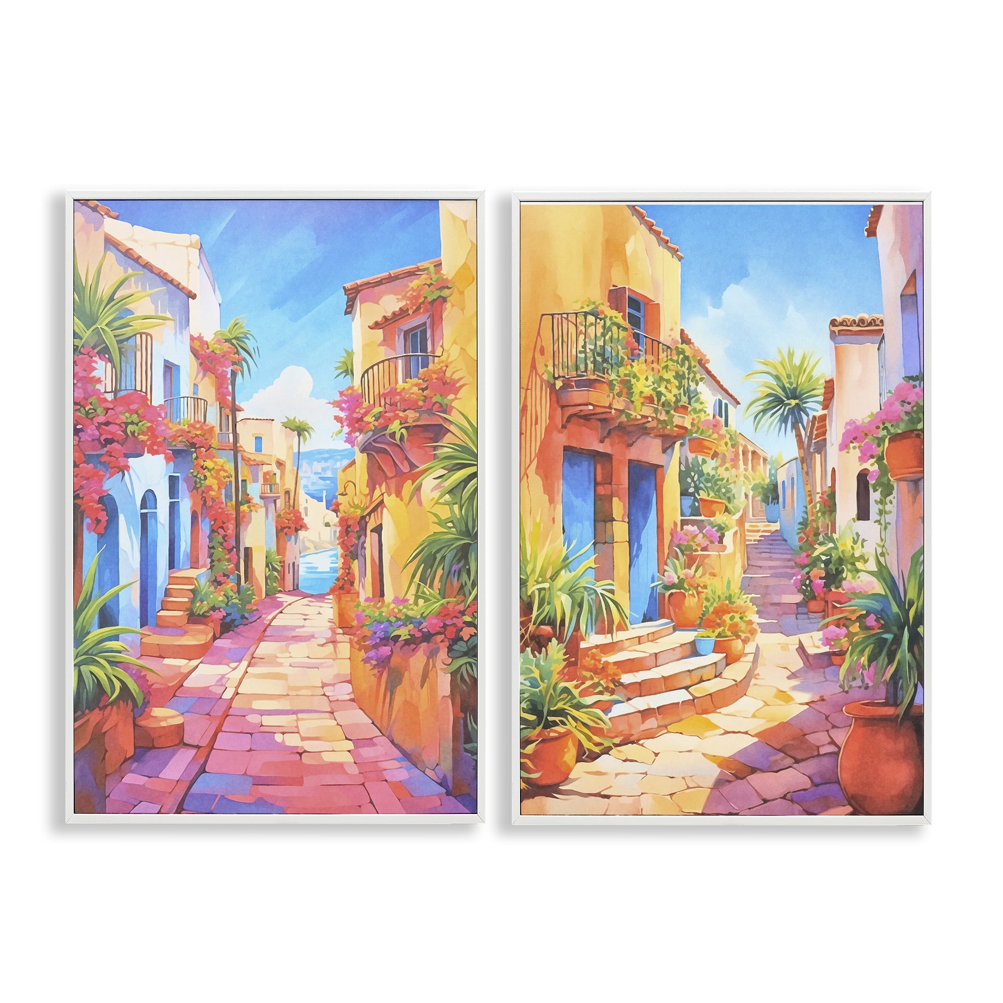 Stupell Industries Quaint Mediterranean Village Buildings & Architecture Painting White Framed Art Print Wall Art, 20 x 30, Set of 2