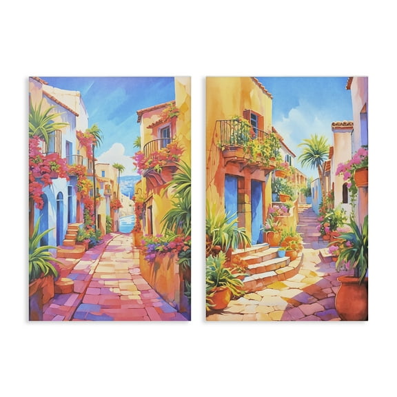 Stupell Industries Quaint Mediterranean Village Buildings & Architecture Painting Wrapped Canvas Art Print Wall Art, 24 x 36, Set of 2