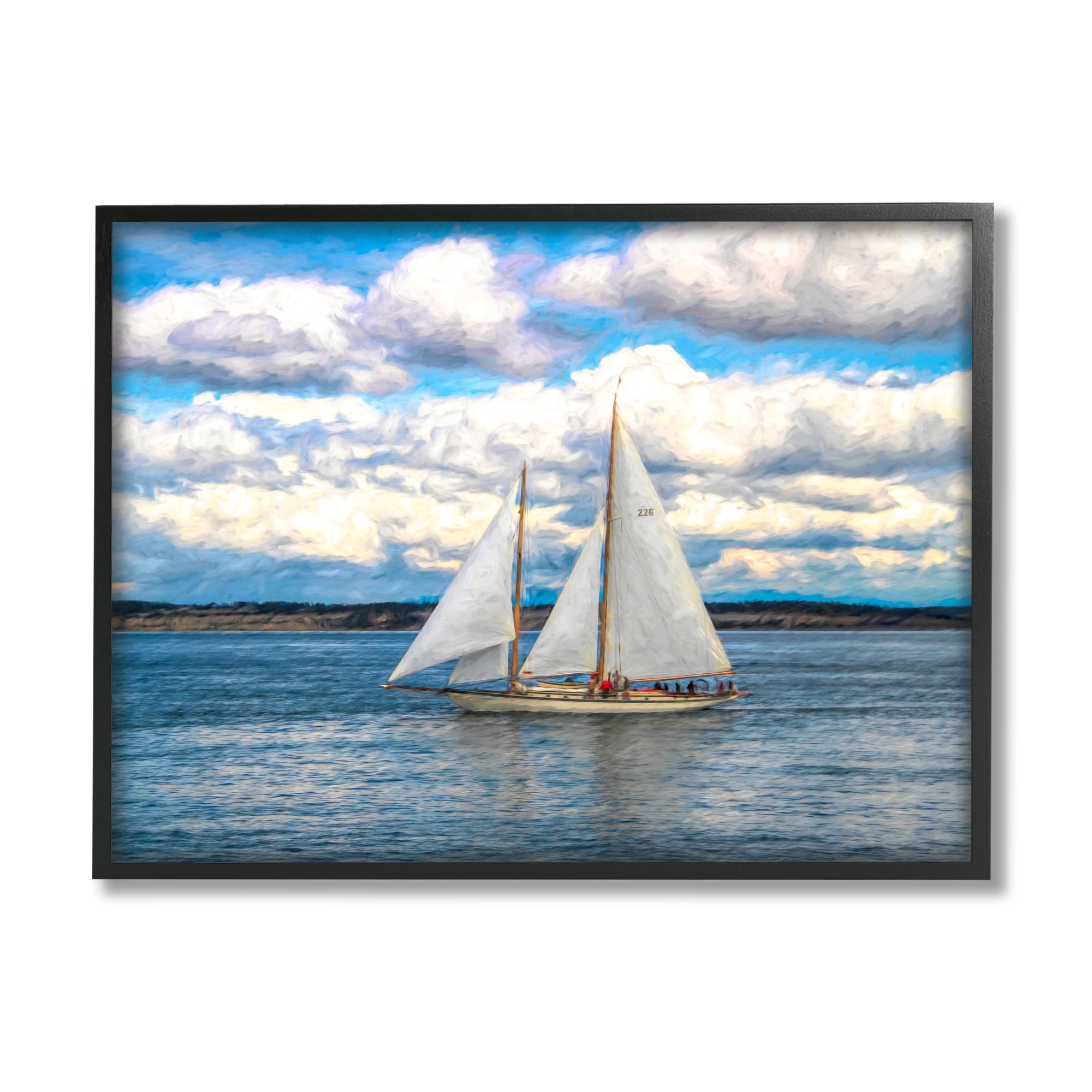 Stupell Industries Quaint Sailboat Floating Ocean Fluffy White Clouds Framed Wall Art, 30 x 24, Design by Nan