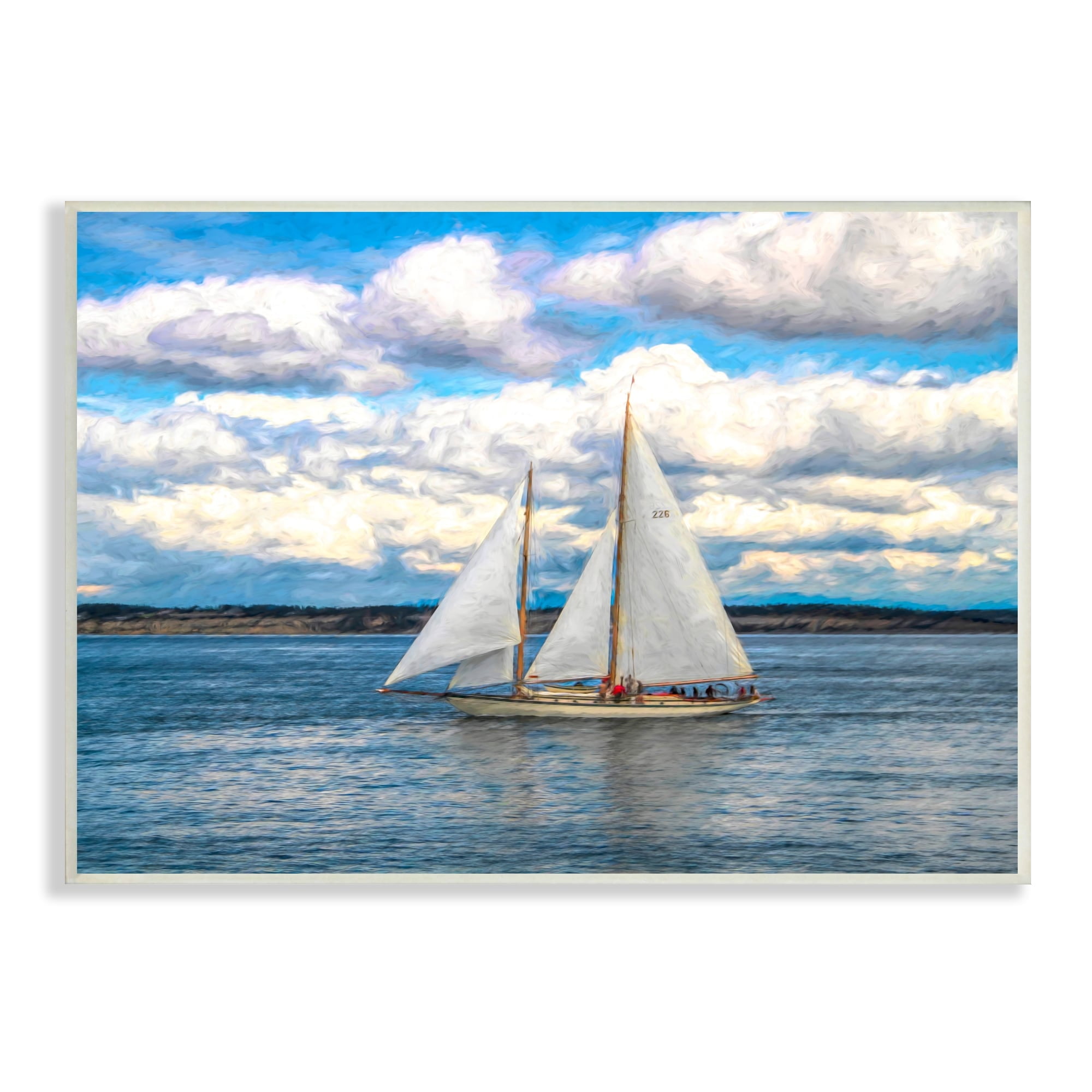 Stupell Industries Quaint Sailboat Floating Ocean Fluffy White Clouds Wood Wall Art, 15 x 10, Design by Nan