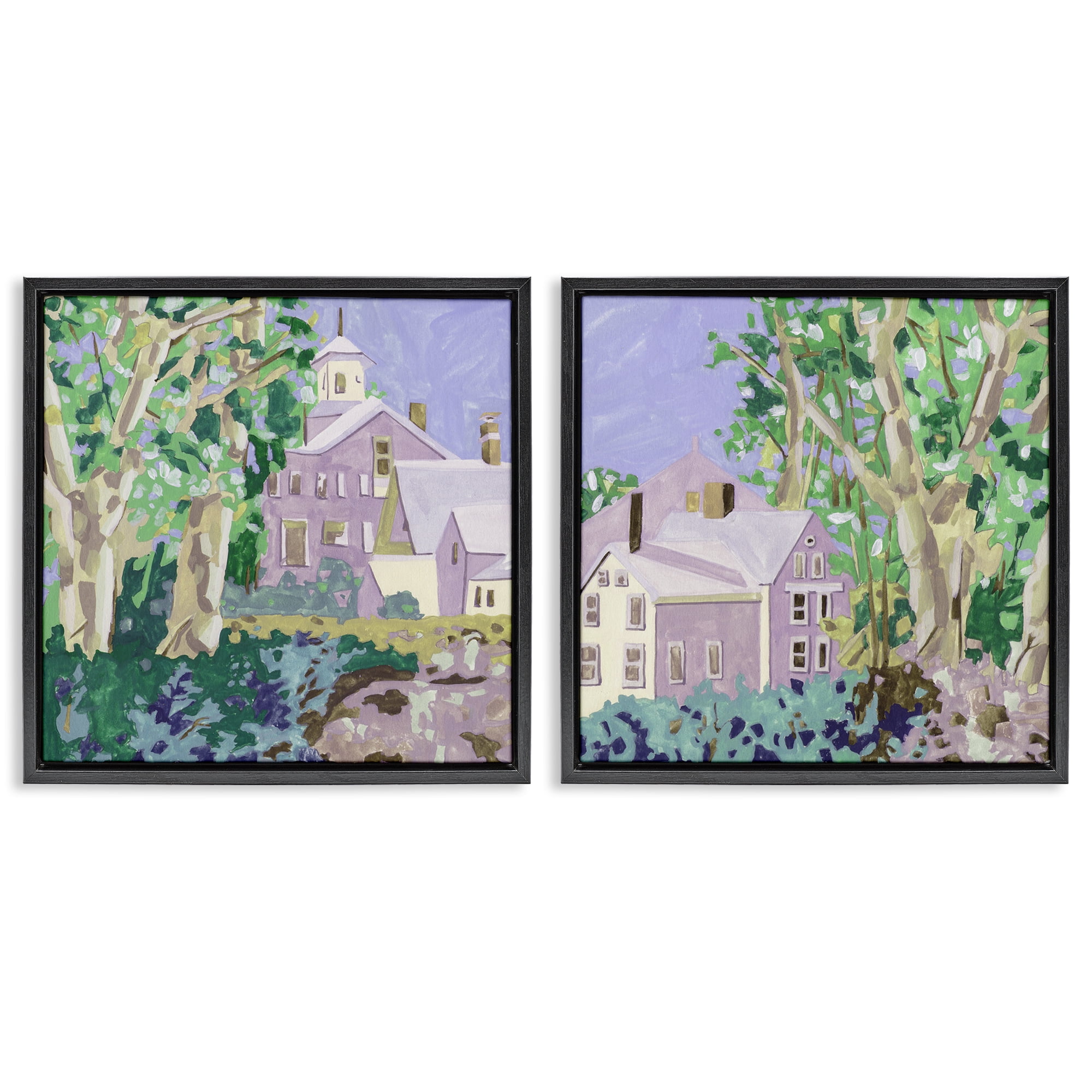Stupell Industries Quaint Scenic Houses Scenic & Cityscapes Painting Black Floater Framed Canvas Art Print Wall Art, 25 x 25, Set of 2