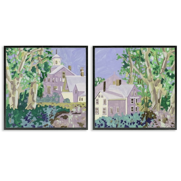 Stupell Industries Quaint Scenic Houses Scenic & Cityscapes Painting Black Framed Art Print Wall Art, 12 x 12, Set of 2