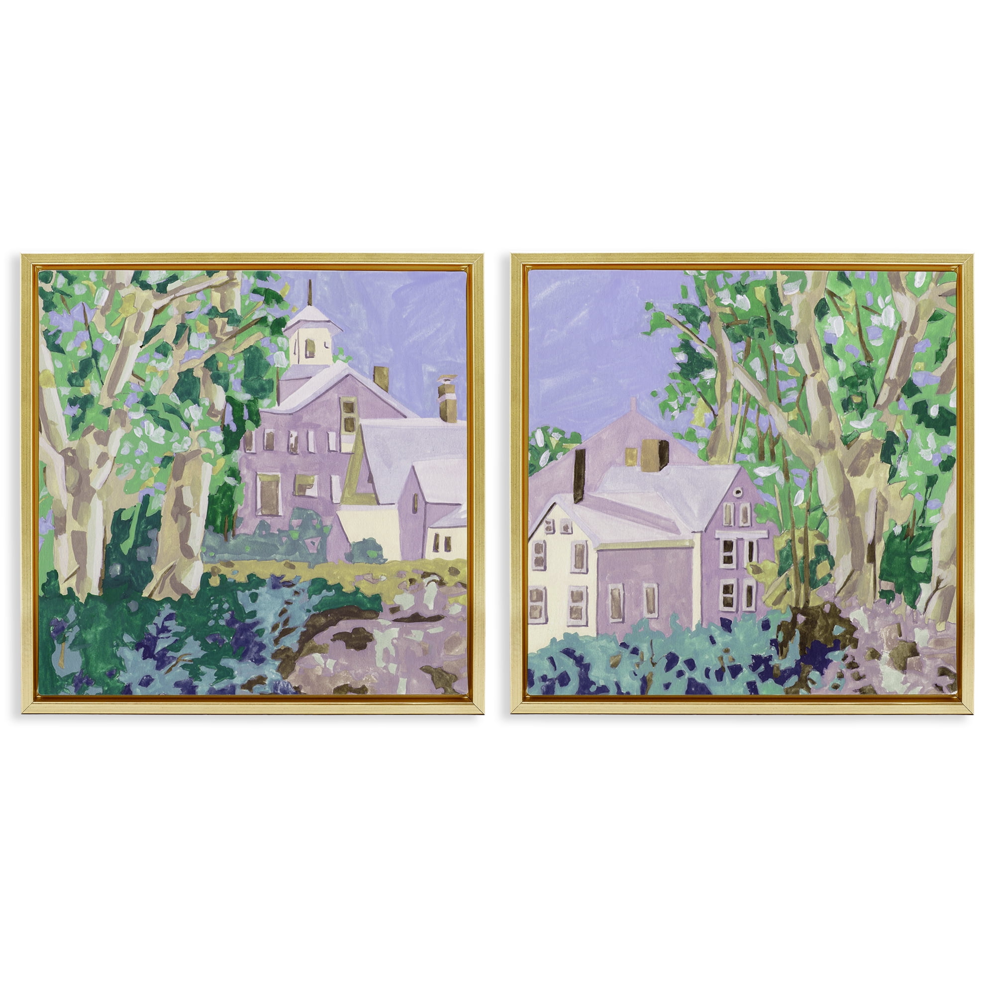 Stupell Industries Quaint Scenic Houses Scenic & Cityscapes Painting Gold Floater Framed Canvas Art Print Wall Art, 25 x 25, Set of 2