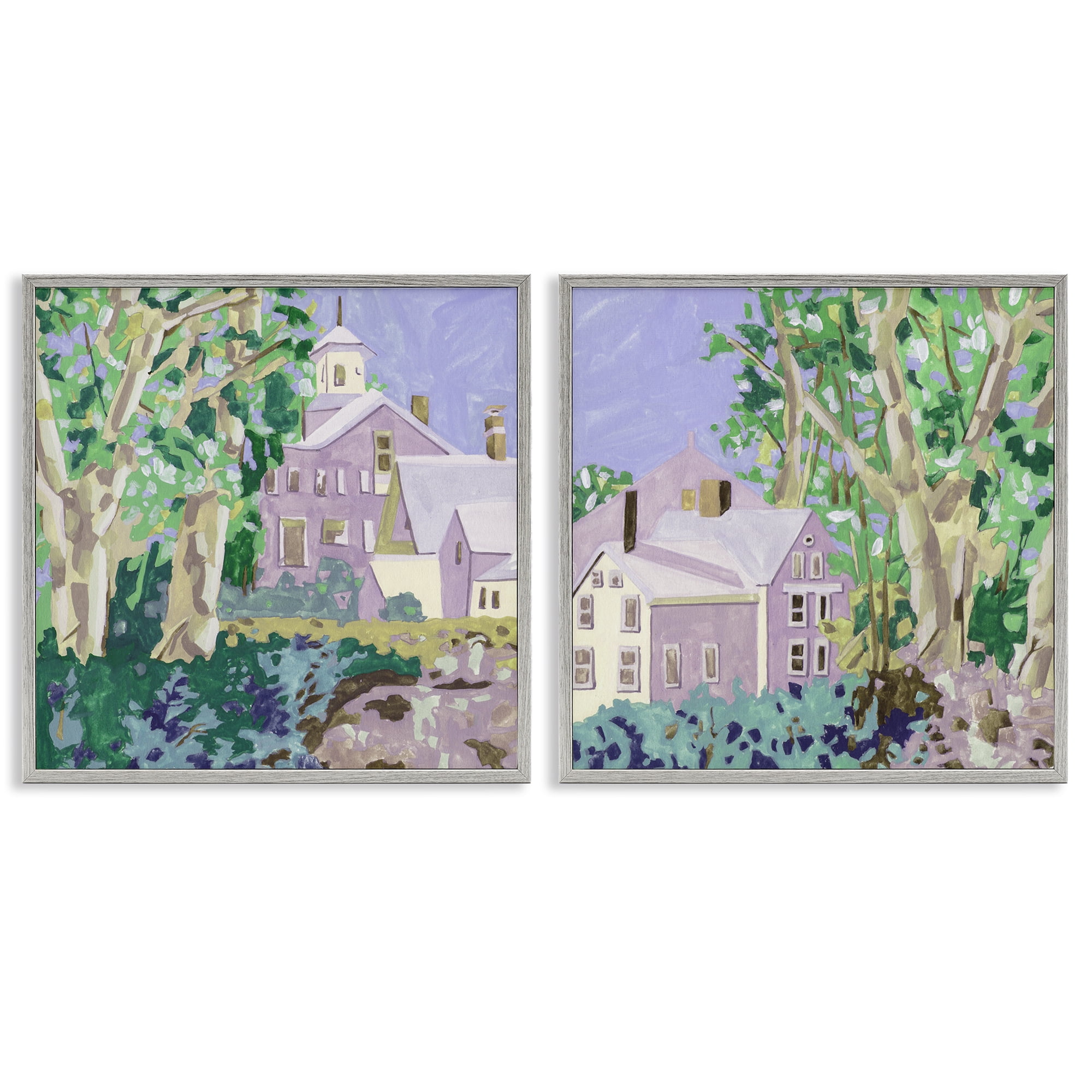 Stupell Industries Quaint Scenic Houses Scenic & Cityscapes Painting Gray Framed Art Print Wall Art, 24 x 24, Set of 2