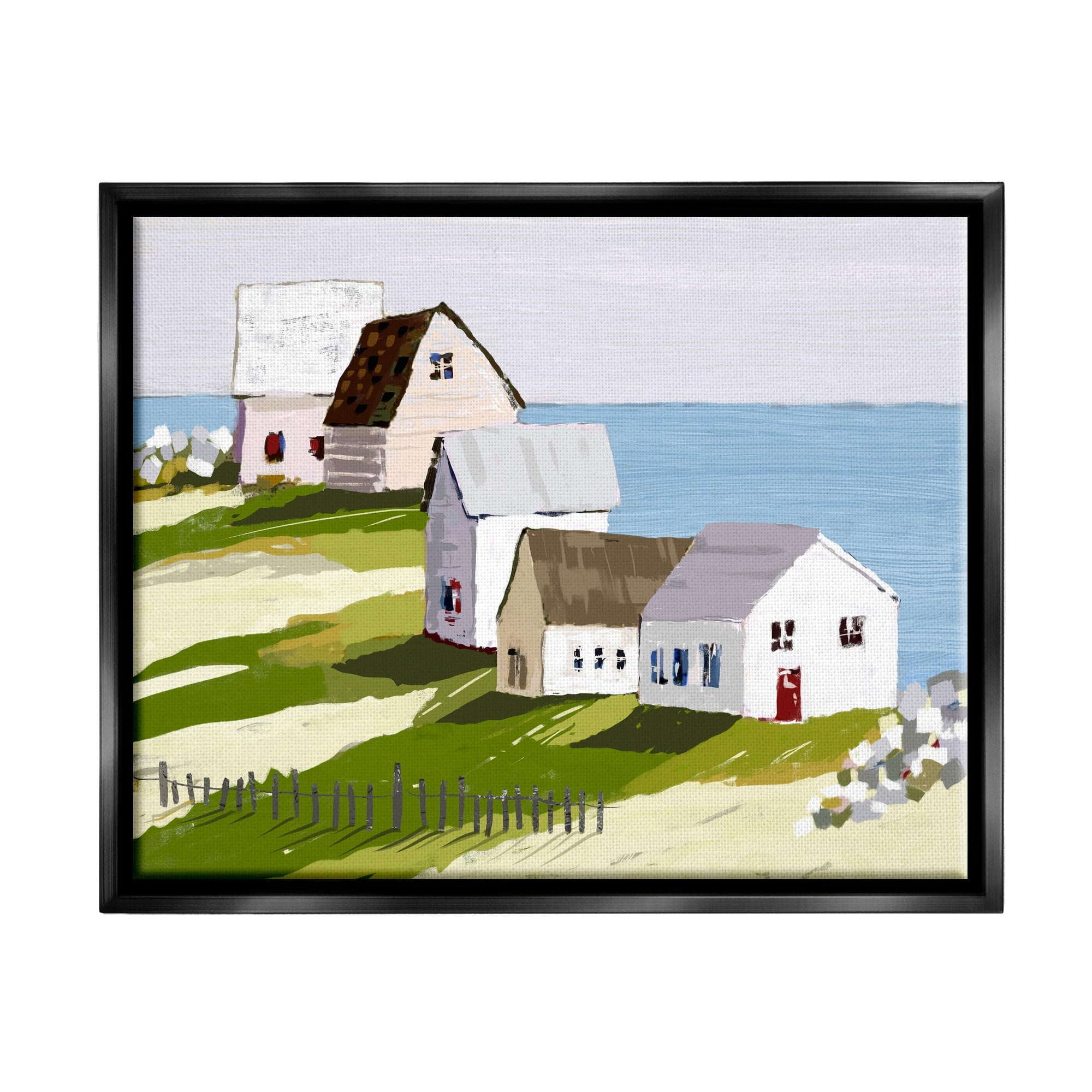 Stupell Industries Quaint Seaside Cottages Overlooking Vast Ocean Landscape Graphic Art Jet Black Floating Framed Canvas Print Wall Art, Design by Tina Finn