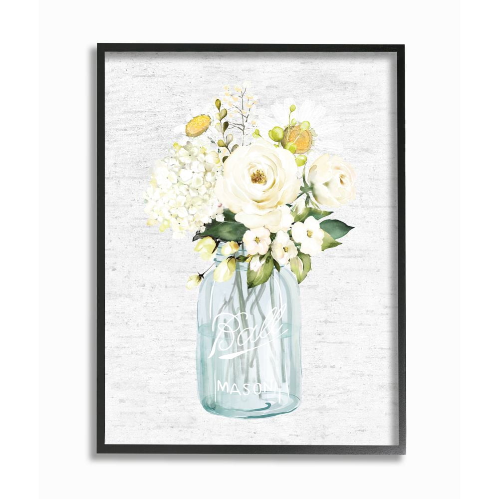 Stupell Industries Quaint Spring Floral Bouquet in Simple Blue Jar Framed Wall Art Design by Lettered and Lined, 11" x 14", Black Framed