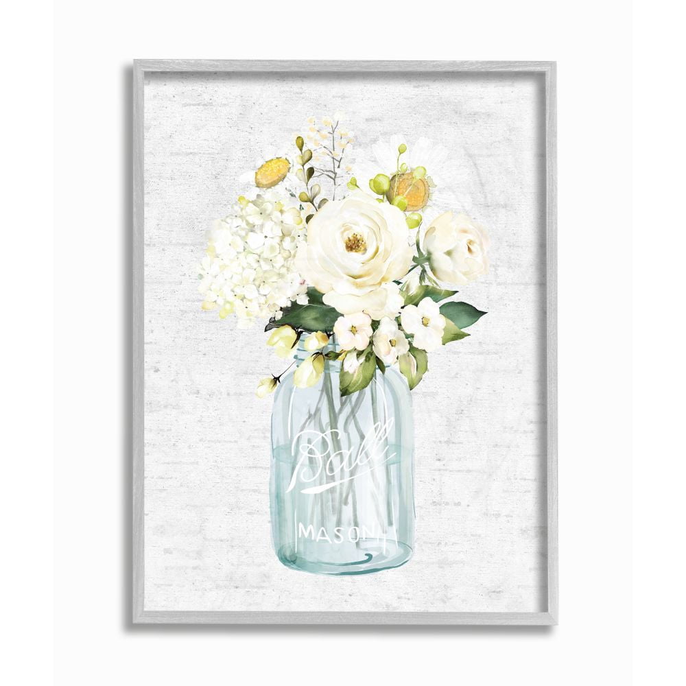Stupell Industries Quaint Spring Floral Bouquet in Simple Blue Jar Framed Wall Art Design by Lettered and Lined, 11" x 14", Gray Framed