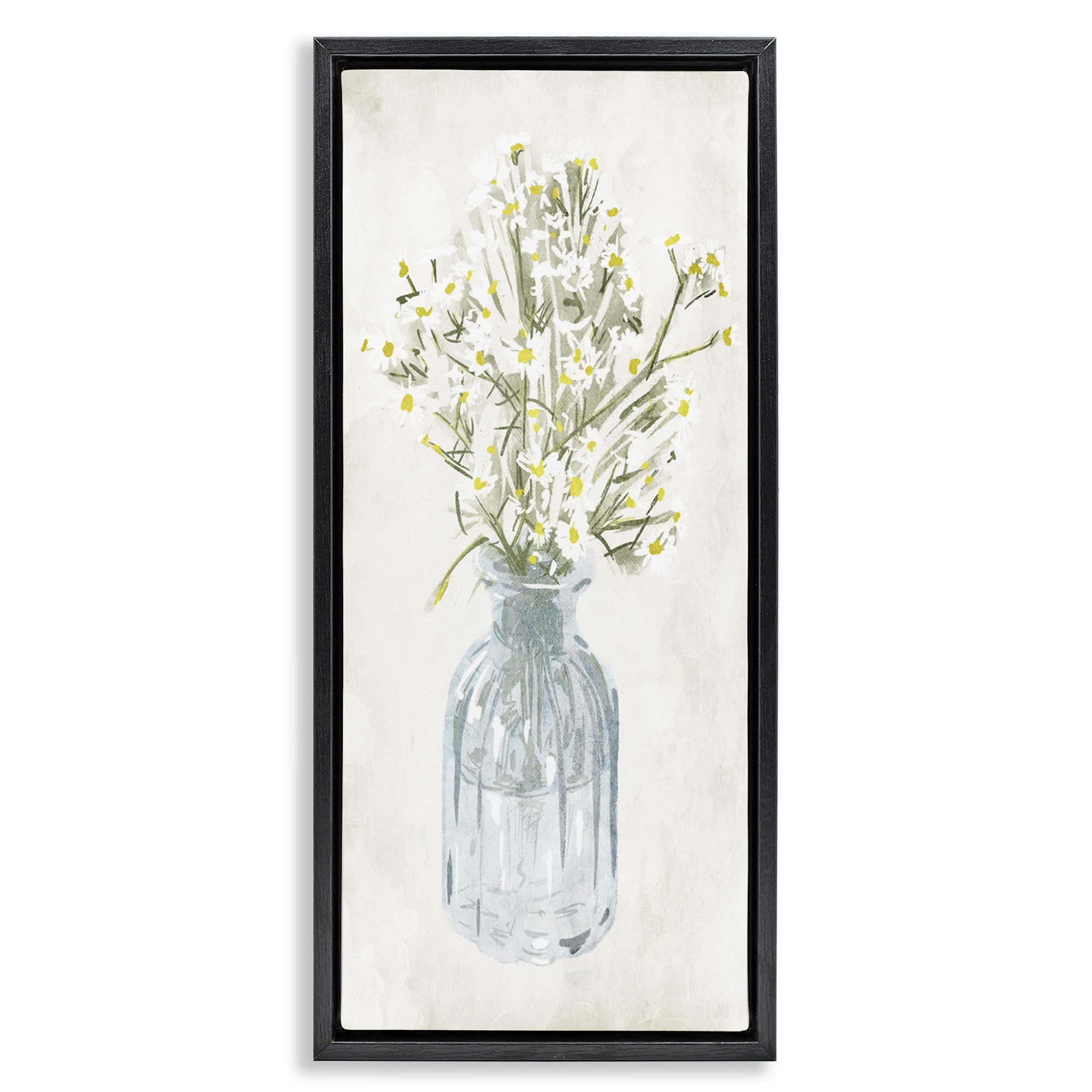 Stupell Industries Quaint White Daisies in Jar Botanical & Floral Painting Black Floater Framed Canvas Art Print Wall Art, 11 x 25