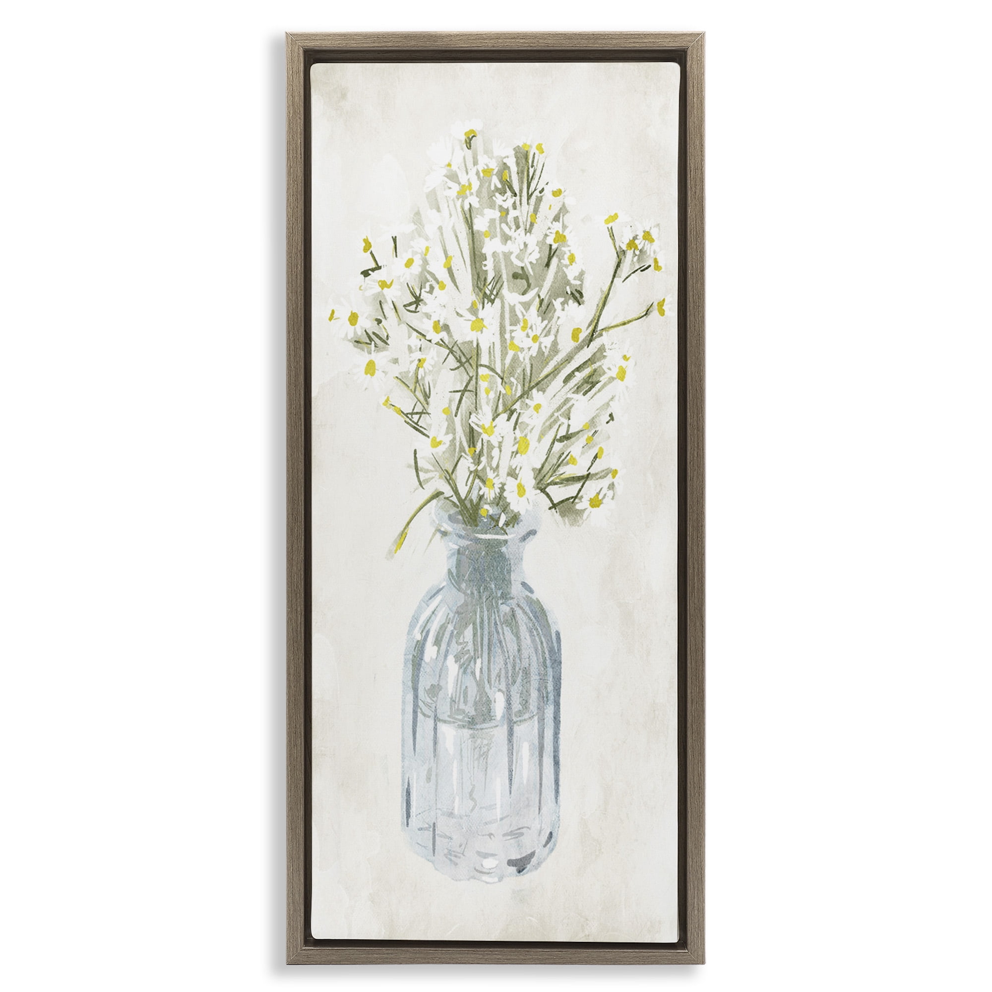 Stupell Industries Quaint White Daisies in Jar Botanical & Floral Painting Brown Floater Framed Canvas Art Print Wall Art, 11 x 25