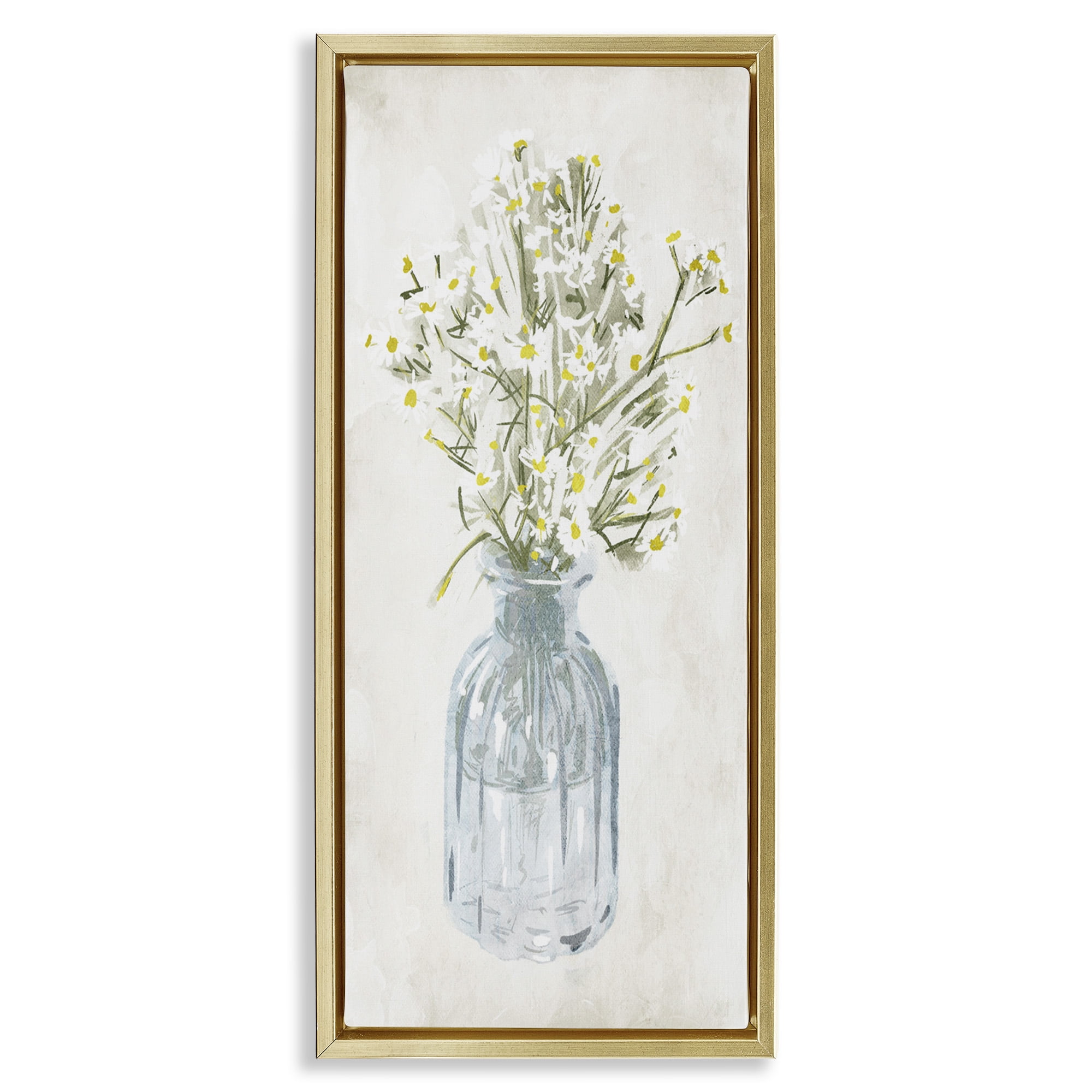 Stupell Industries Quaint White Daisies in Jar Botanical & Floral Painting Gold Floater Framed Canvas Art Print Wall Art, 11 x 25