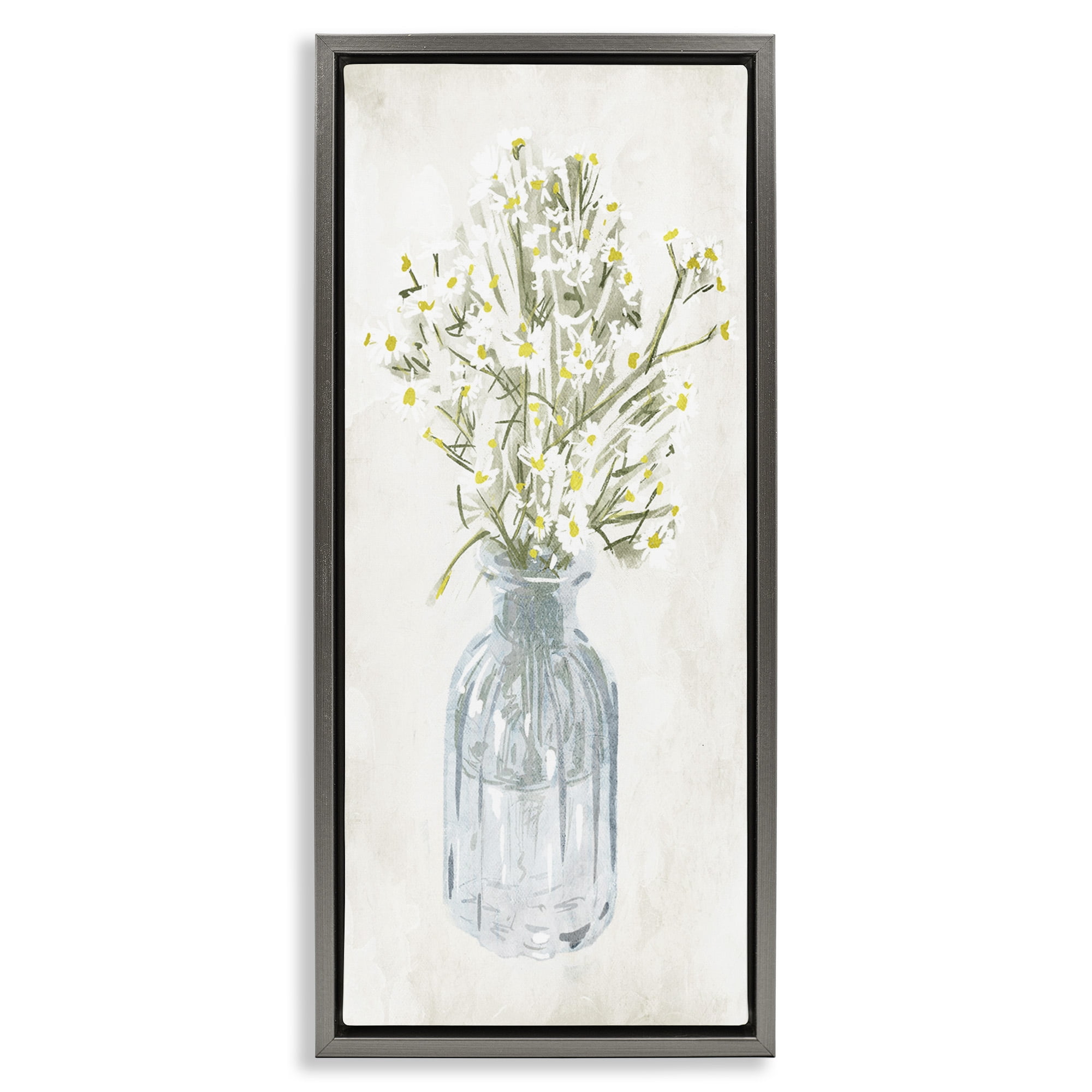 Stupell Industries Quaint White Daisies in Jar Botanical & Floral Painting Gray Floater Framed Canvas Art Print Wall Art, 11 x 25