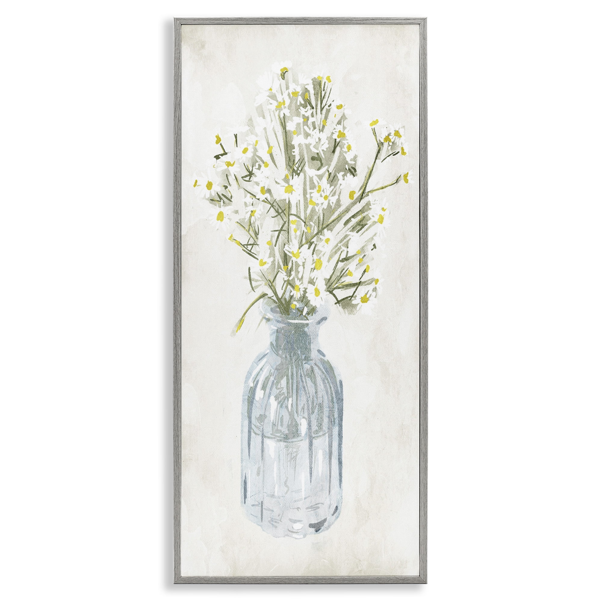 Stupell Industries Quaint White Daisies in Jar Botanical & Floral Painting Gray Framed Art Print Wall Art, 10 x 24