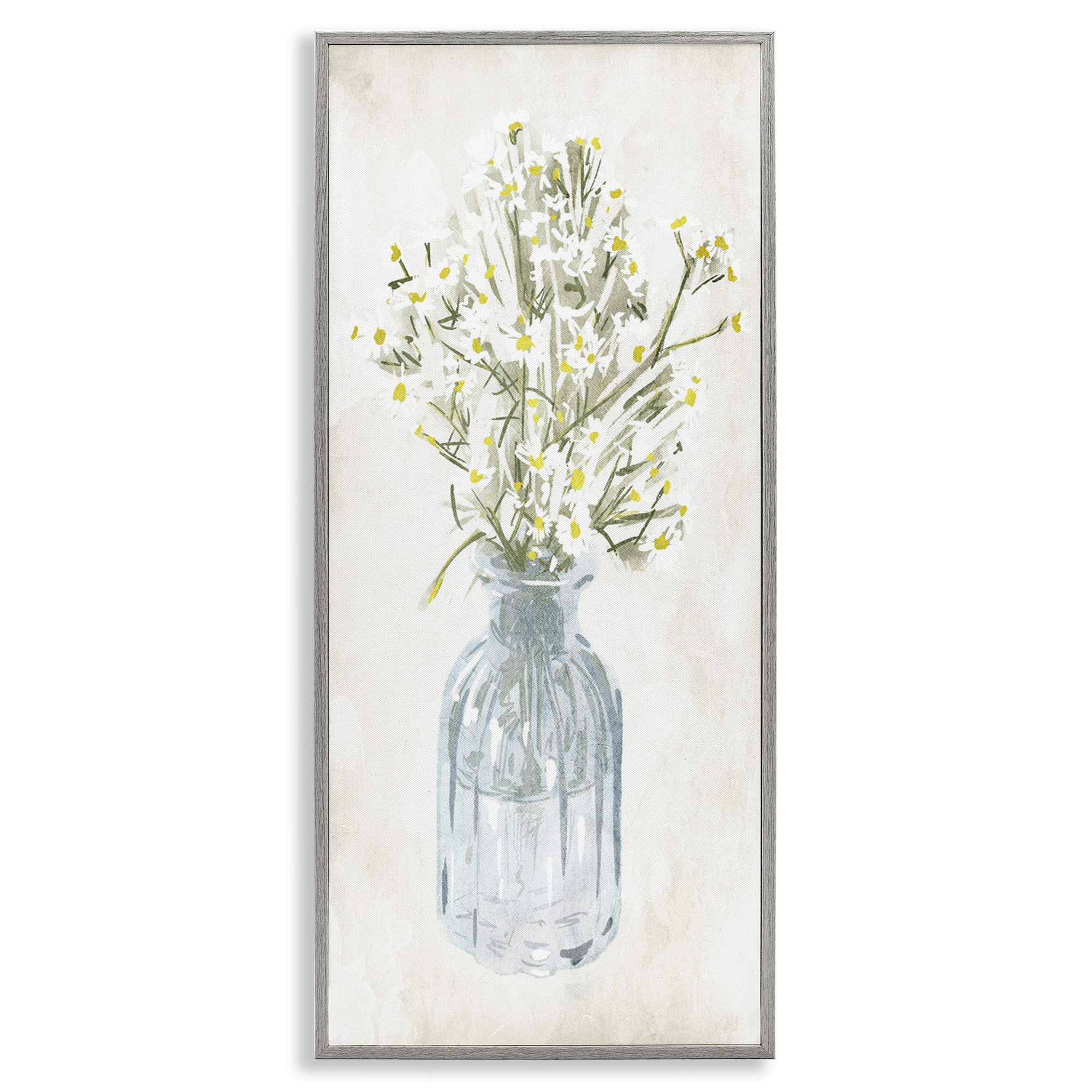 Stupell Industries Quaint White Daisies in Jar Botanical & Floral Painting Gray Framed Art Print Wall Art, 13 x 30