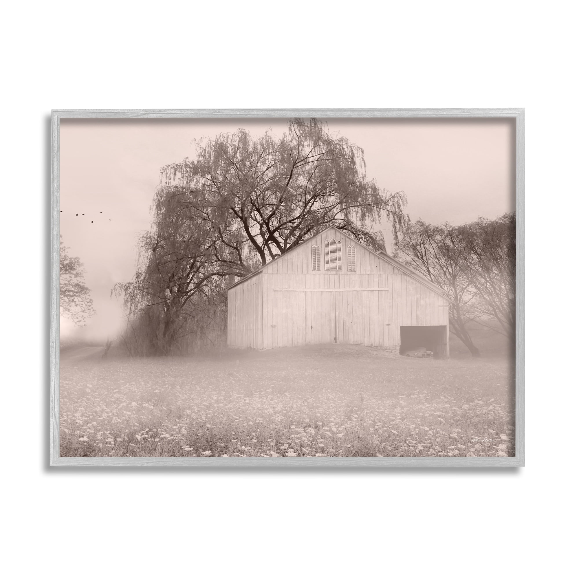 Stupell Industries Quaint Wildflower Meadow Countryside Barn Farmland Fog Photograph Gray Framed Art Print Wall Art, Design by Lori Deiter