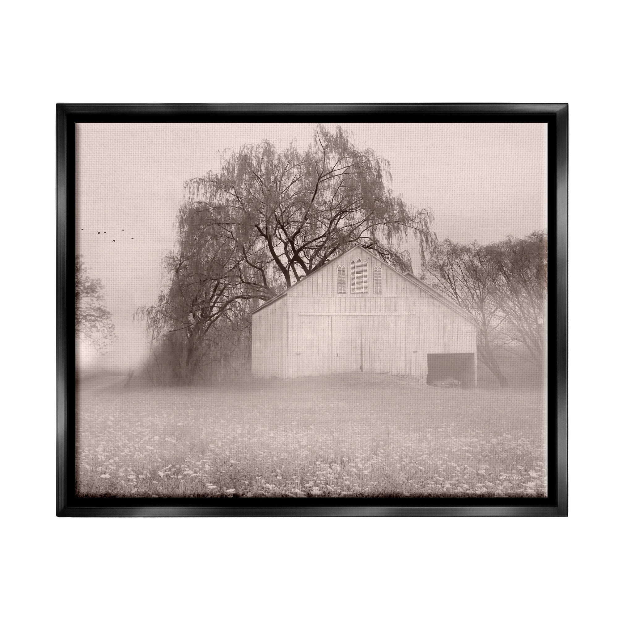Stupell Industries Quaint Wildflower Meadow Countryside Barn Farmland Fog Photograph Jet Black Floating Framed Canvas Print Wall Art, Design by Lori Deiter