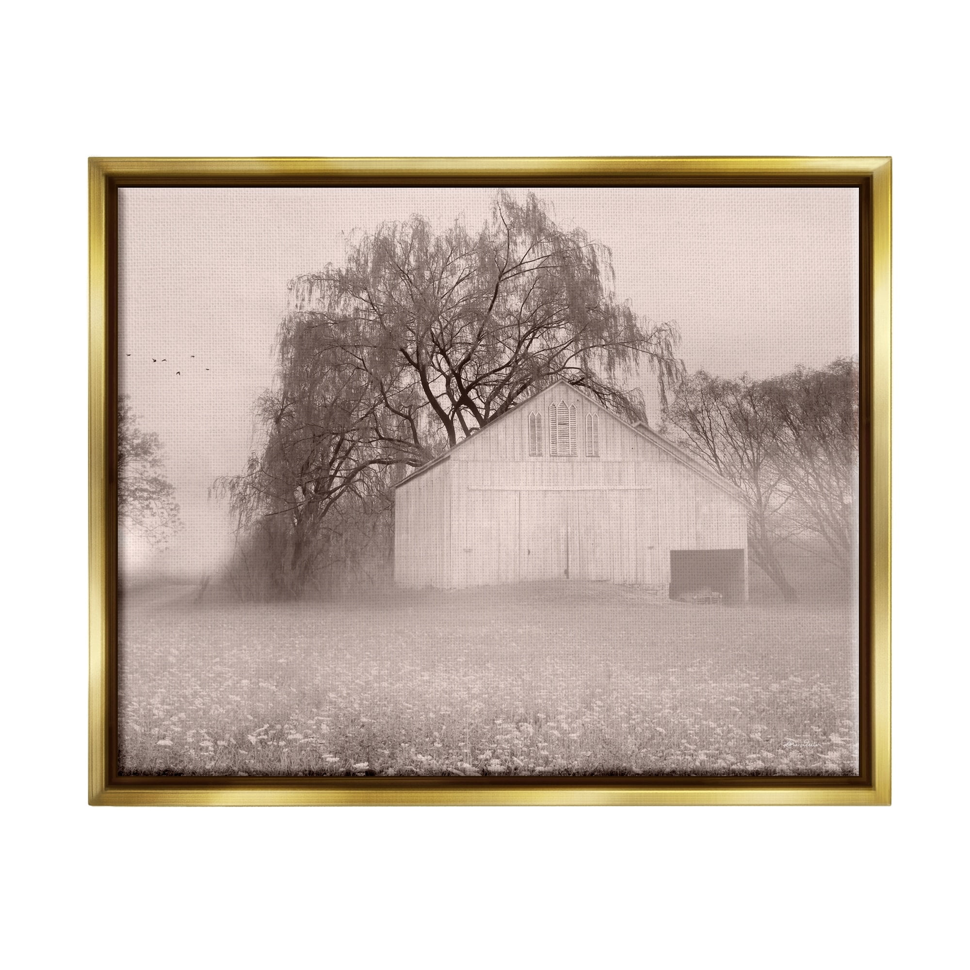Stupell Industries Quaint Wildflower Meadow Countryside Barn Farmland Fog Photograph Metallic Gold Floating Framed Canvas Print Wall Art, Design by Lori Deiter