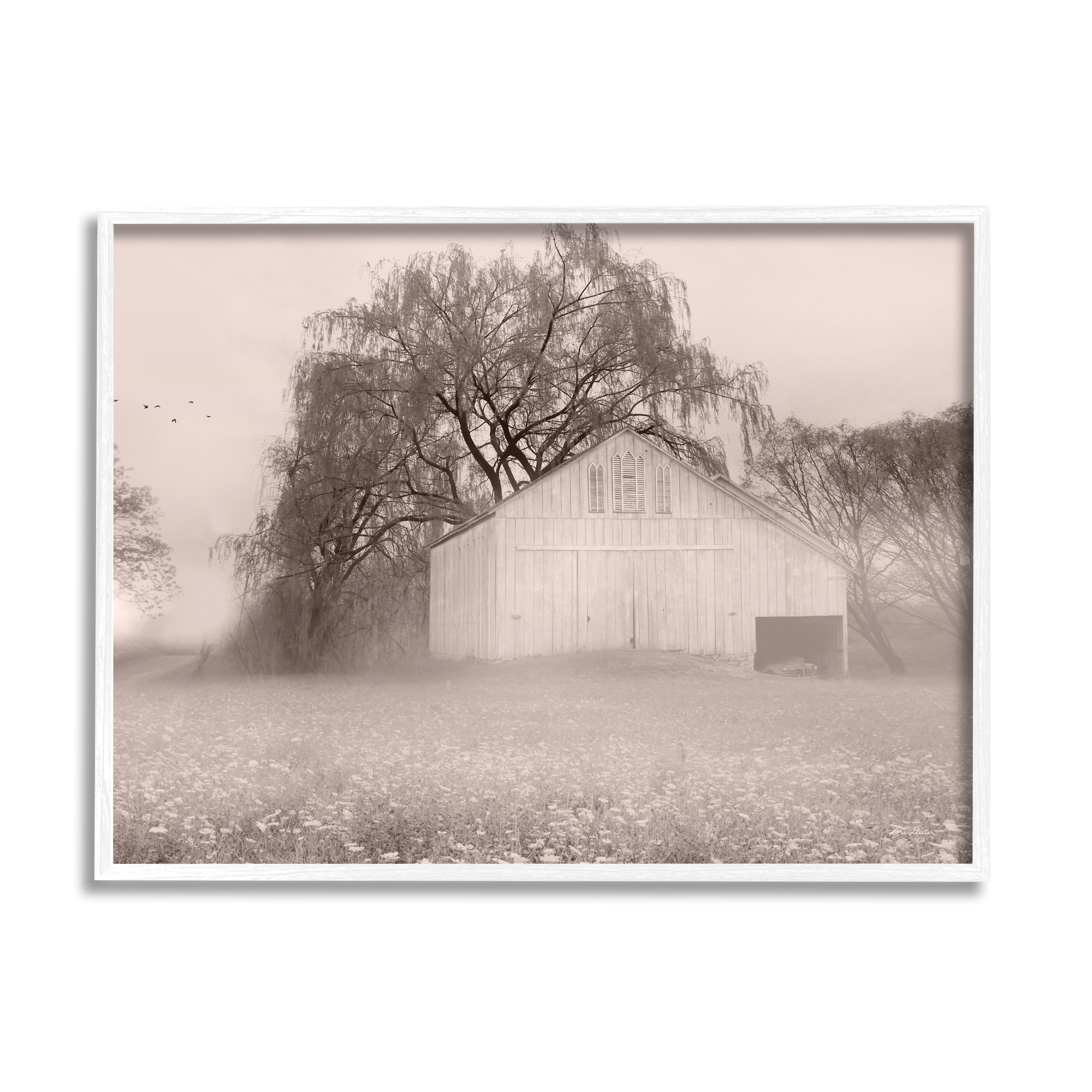 Stupell Industries Quaint Wildflower Meadow Countryside Barn Farmland Fog Photograph White Framed Art Print Wall Art, Design by Lori Deiter