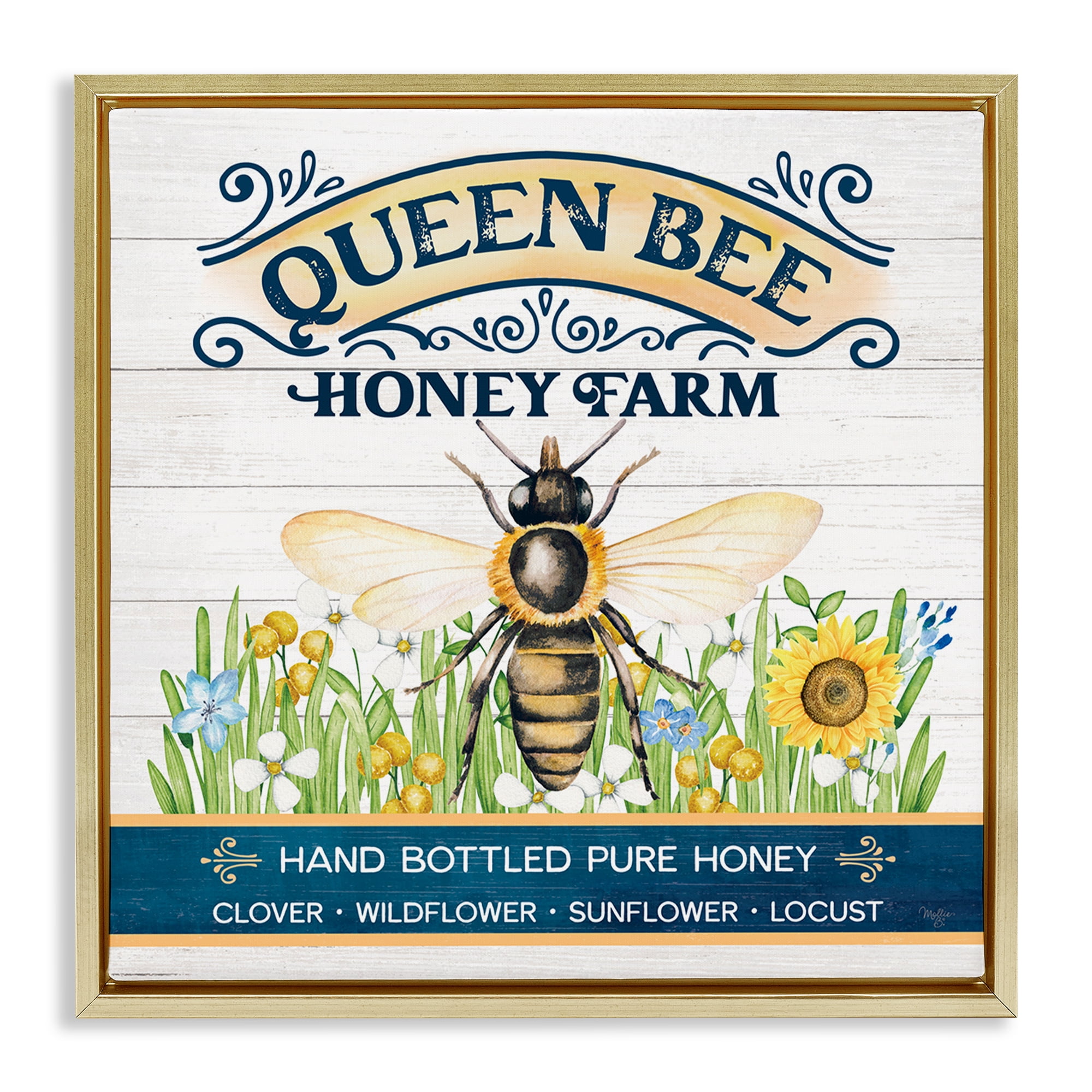 Stupell Industries Queen Bee Honey Farm Animals & Insects Painting Gold Floater Framed Canvas Art Print Wall Art, 25 x 25