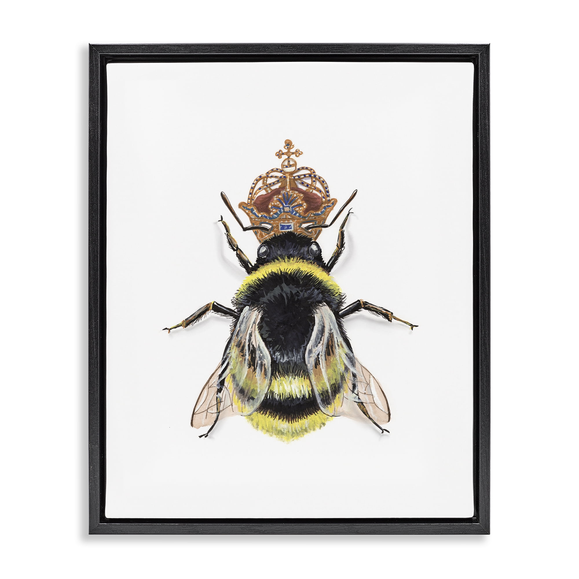 Stupell Industries Queen Bee with Crown Animals & Insects Painting Black Floater Framed Canvas Art Print Wall Art, 25 x 31