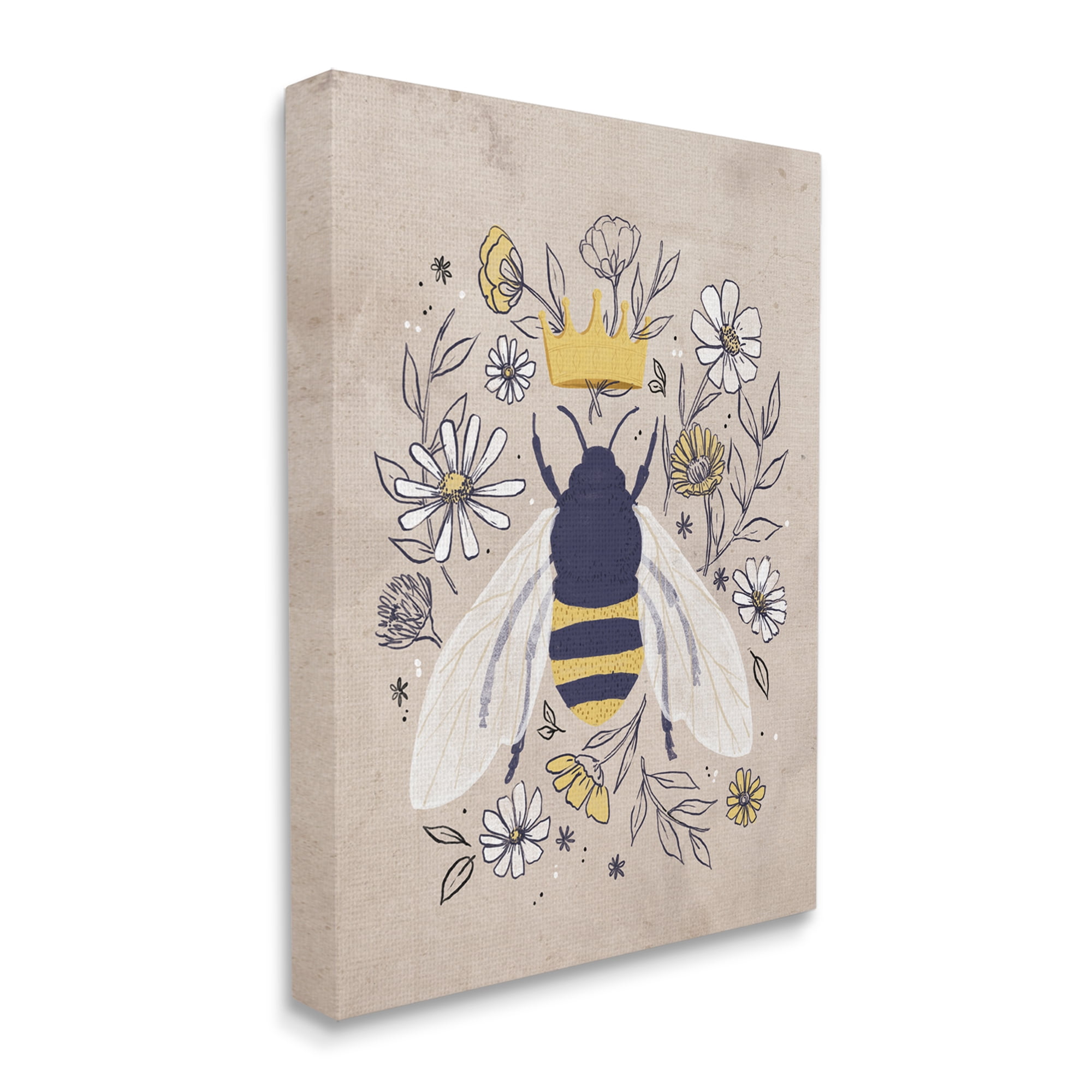Stupell Industries Queen Bee with Crown Yellow White Daisy Florals, 36 x 48, Designed by Loni Harris
