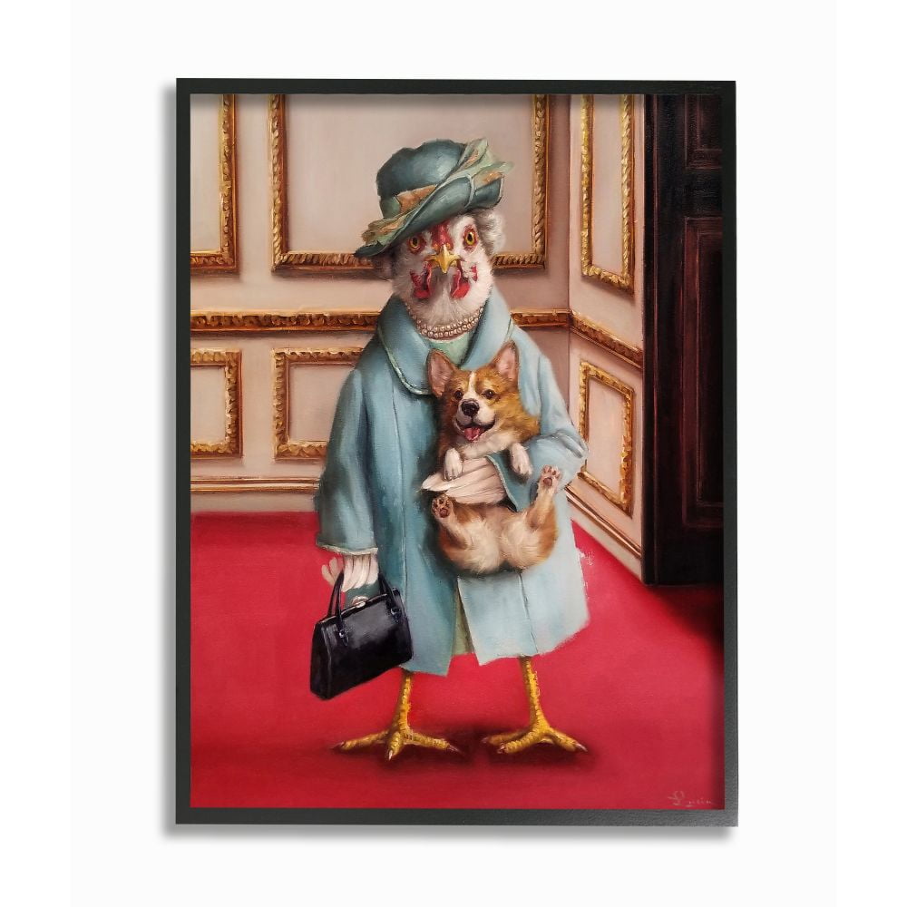 Stupell Industries Queen Chicken with Corgi Regal Animal Humor Framed Wall Art Design by Lucia Heffernan, 16" x 20", Black Framed