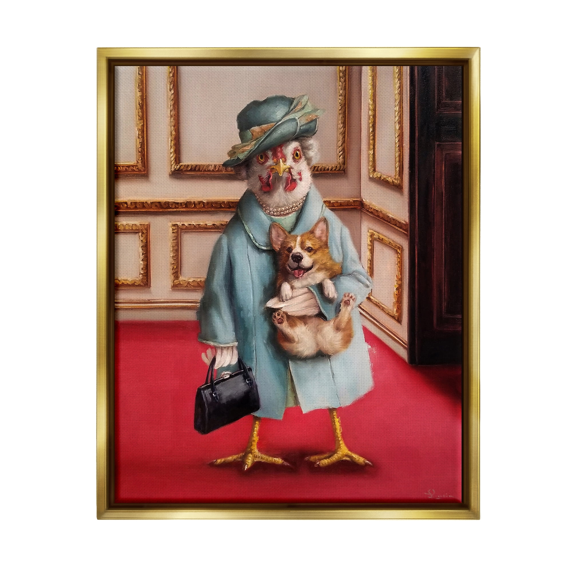 Stupell Industries Queen Chicken with Corgi Regal Animal Humor Metallic Gold Framed Floating Canvas Wall Art, 24x30, by Lucia Heffernan