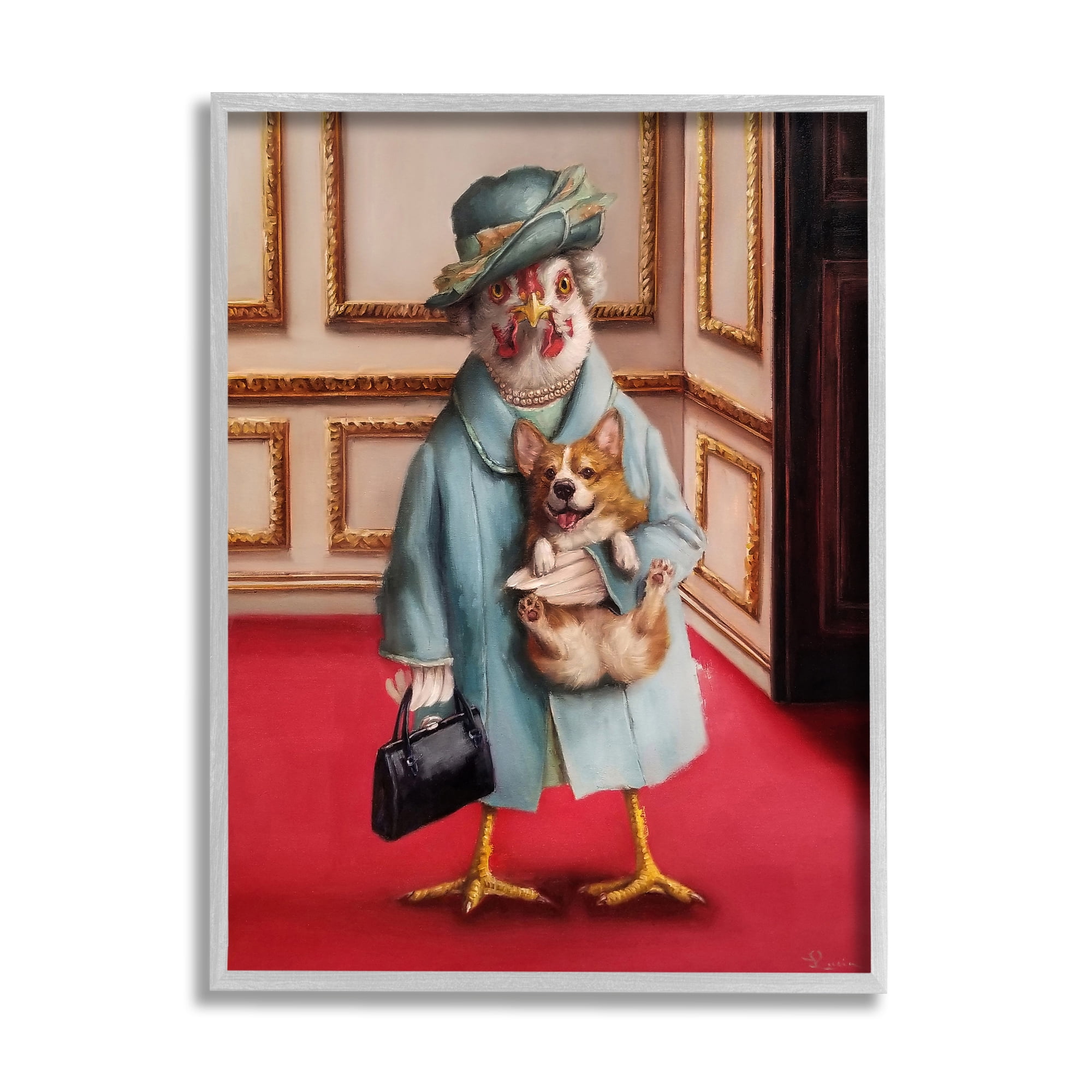 Stupell Industries Queen Chicken with Corgi Regal Animal Humor Painting Framed Art Print Wall Art, 30x24, By Lucia Heffernan