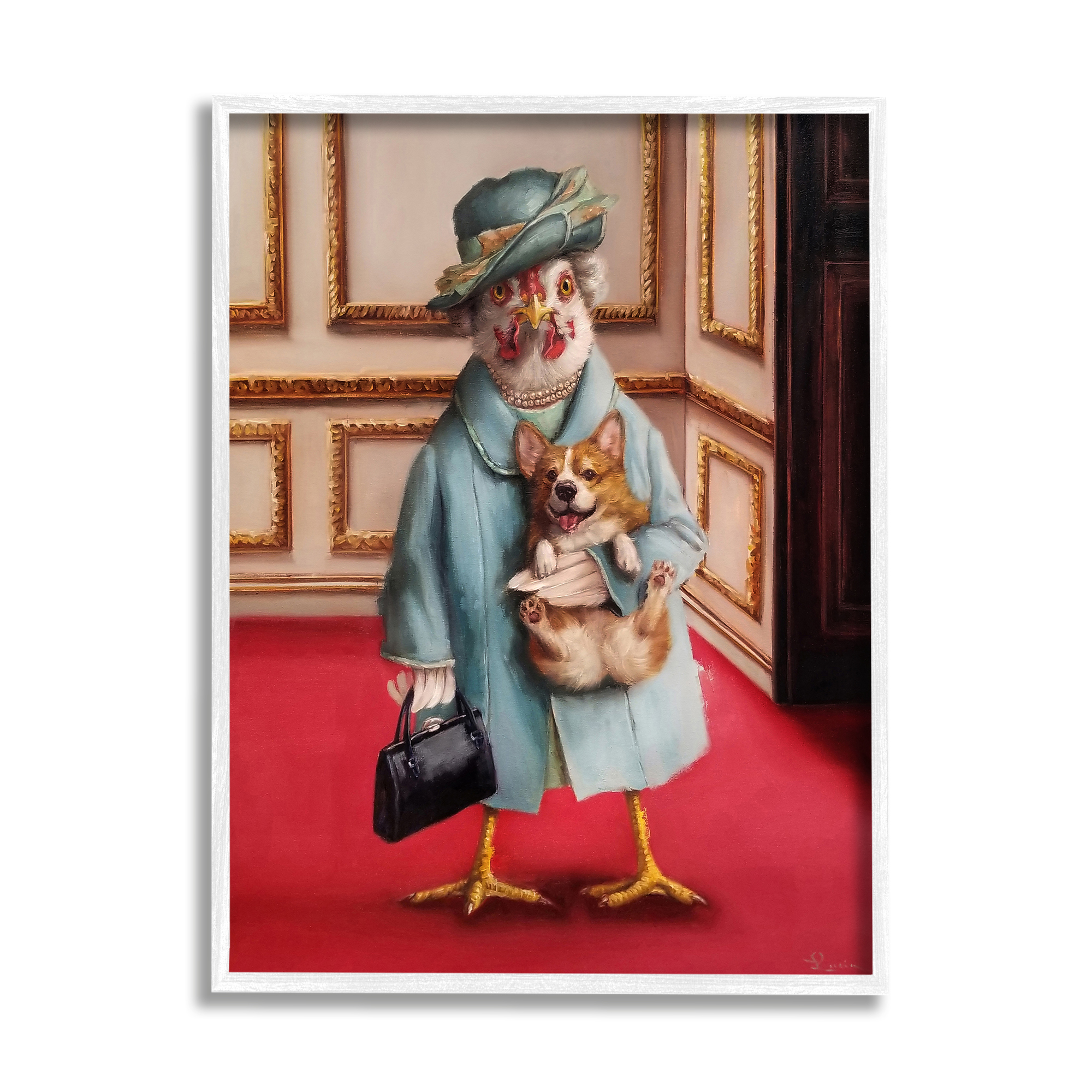 Stupell Industries Queen Chicken with Corgi Regal Animal Humor Painting Framed Art Print Wall Art, 30x24, By Lucia Heffernan