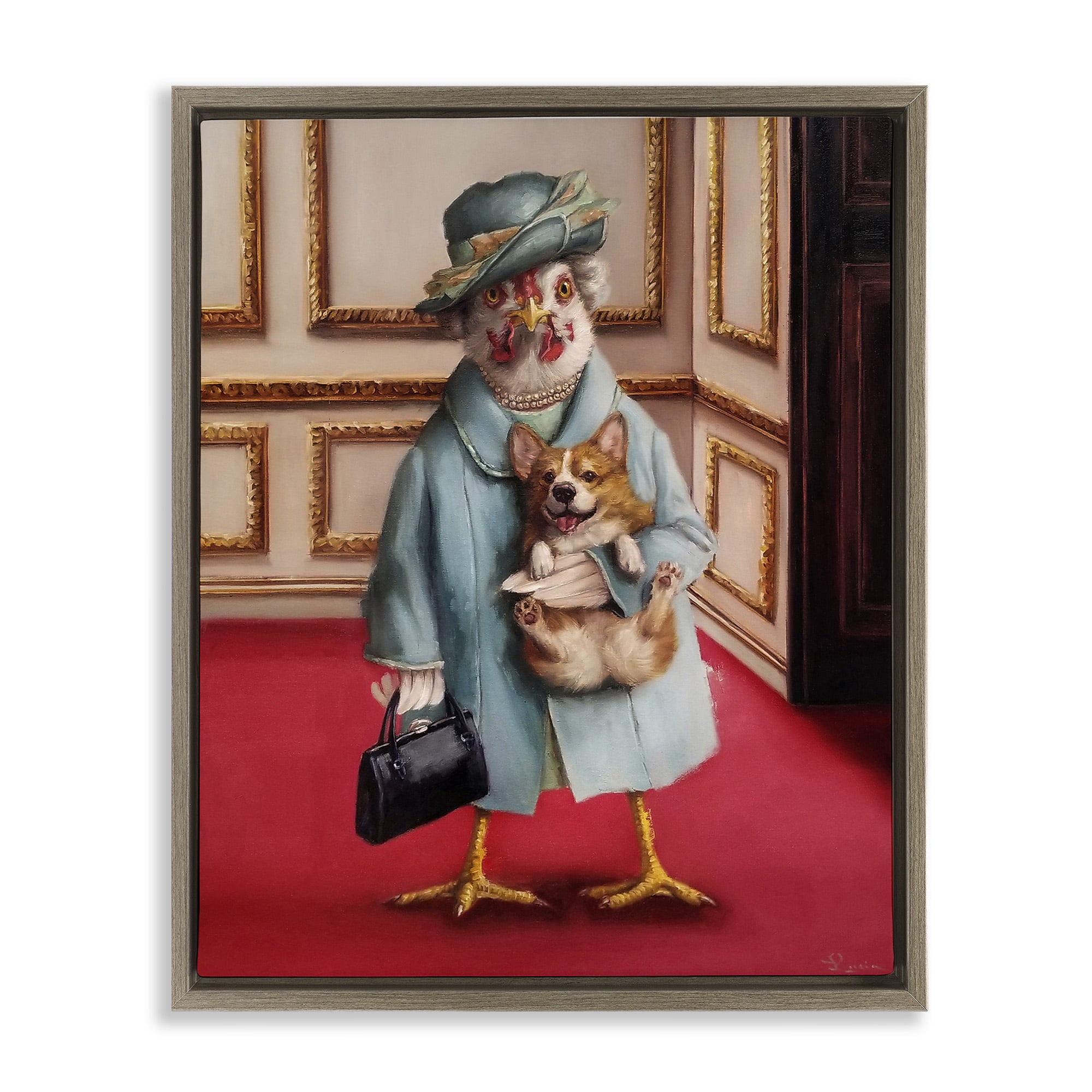 Stupell Industries Queen Chicken with Corgi Regal Animals Animals & Insects Painting Brown Floater Framed Canvas Art Print Wall Art, 21 x 17